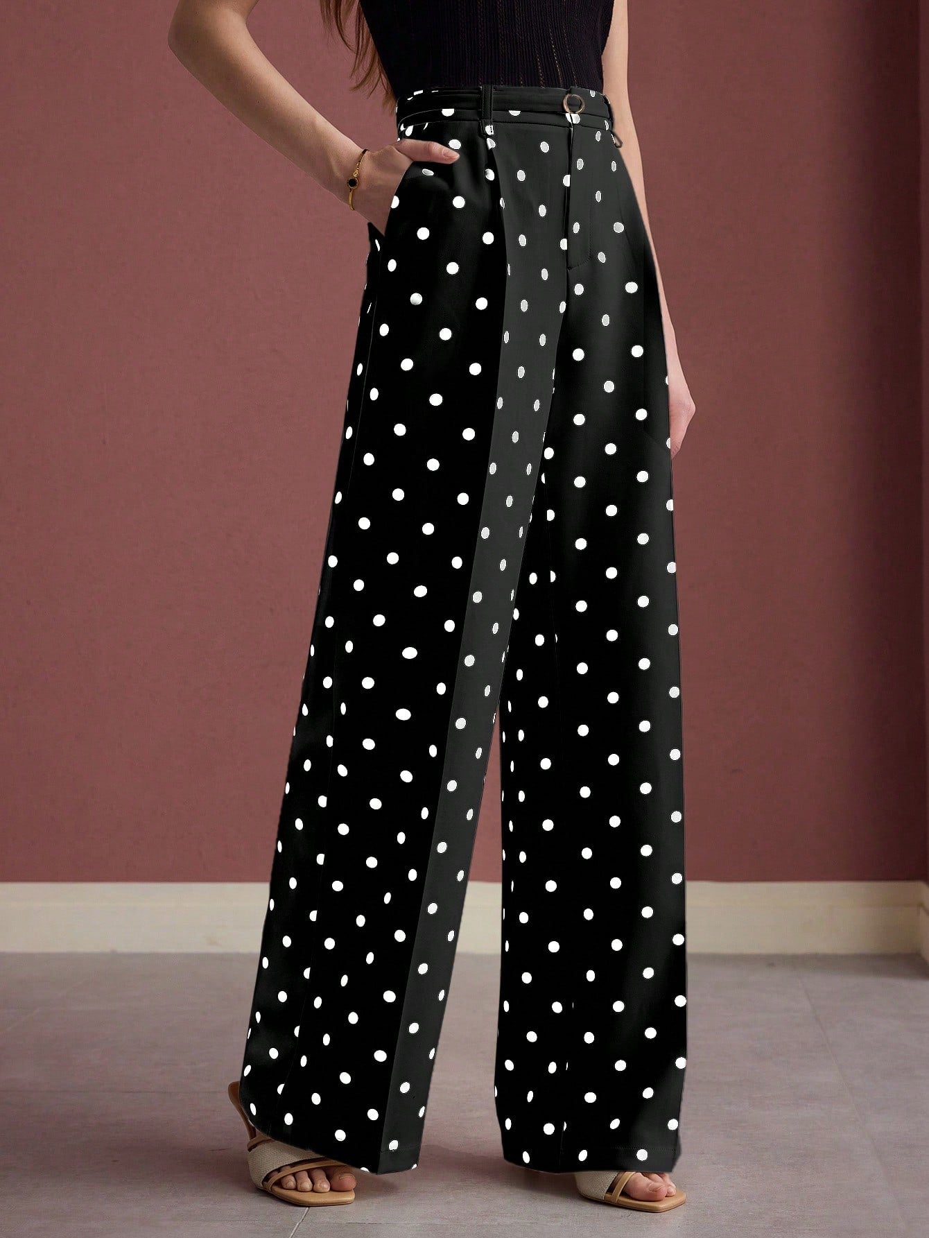 CM-BS543672 Women Elegant Seoul Style Polka Dot Press Crease Wide Leg Pants - Black