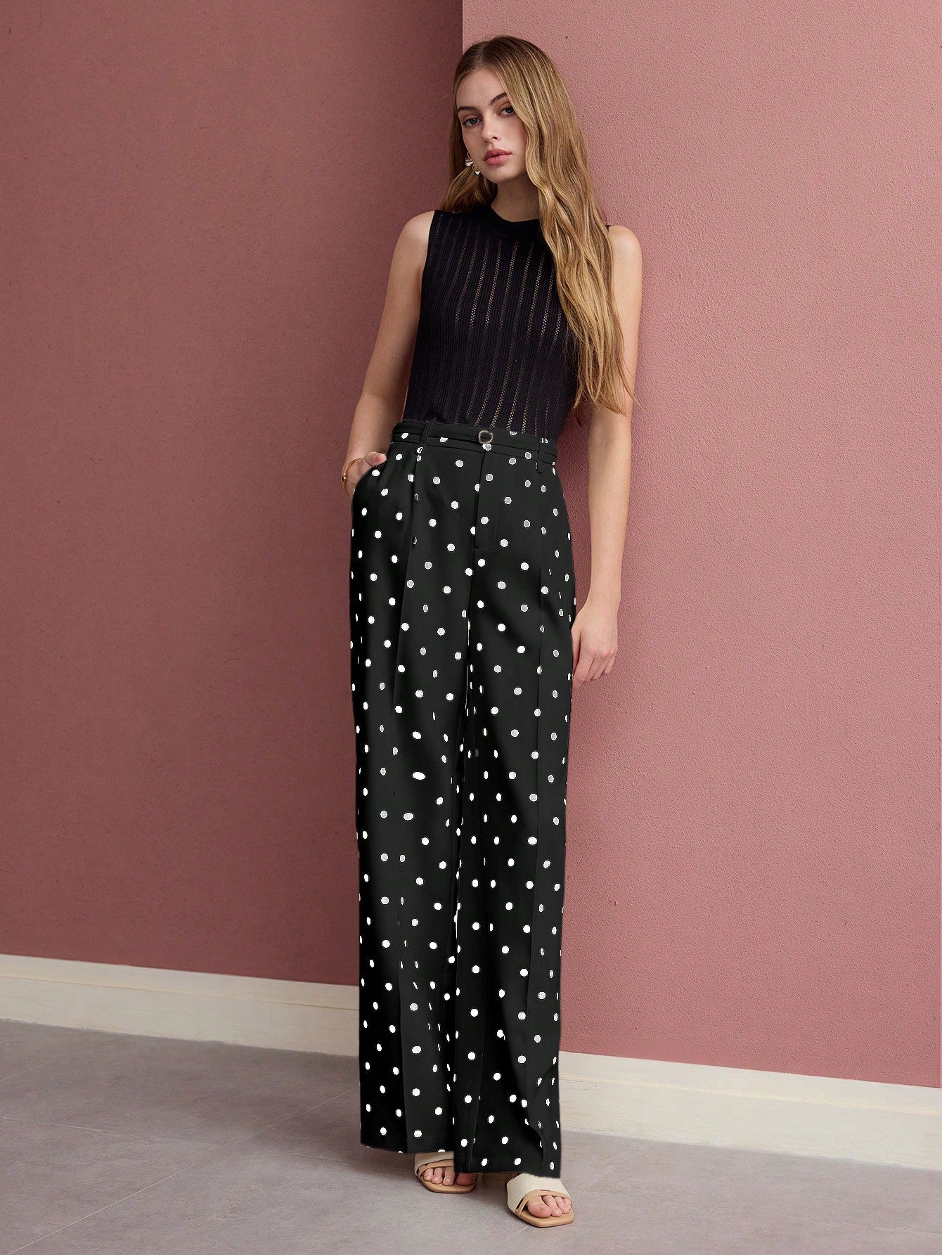 CM-BS543672 Women Elegant Seoul Style Polka Dot Press Crease Wide Leg Pants - Black