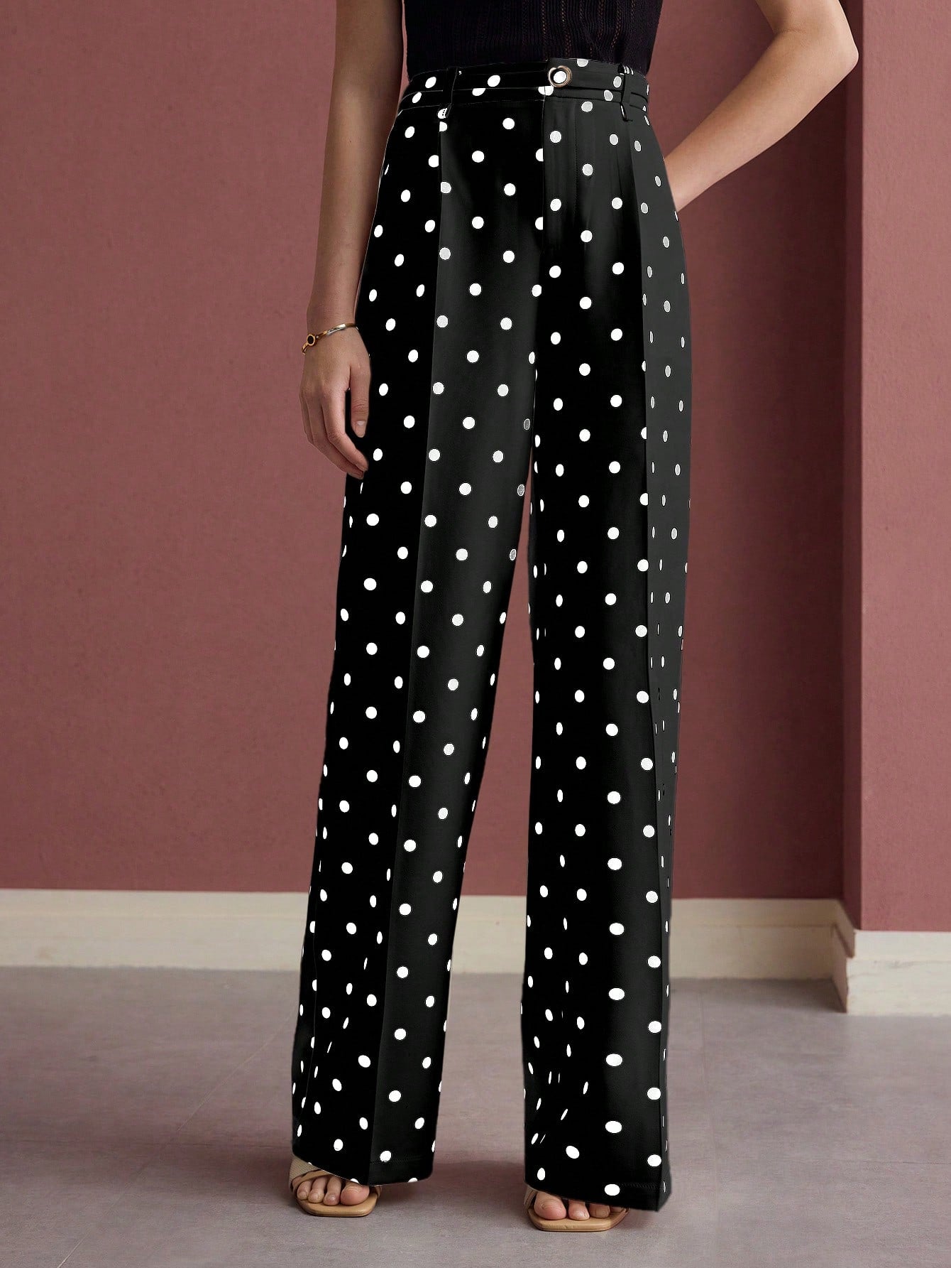 CM-BS543672 Women Elegant Seoul Style Polka Dot Press Crease Wide Leg Pants - Black