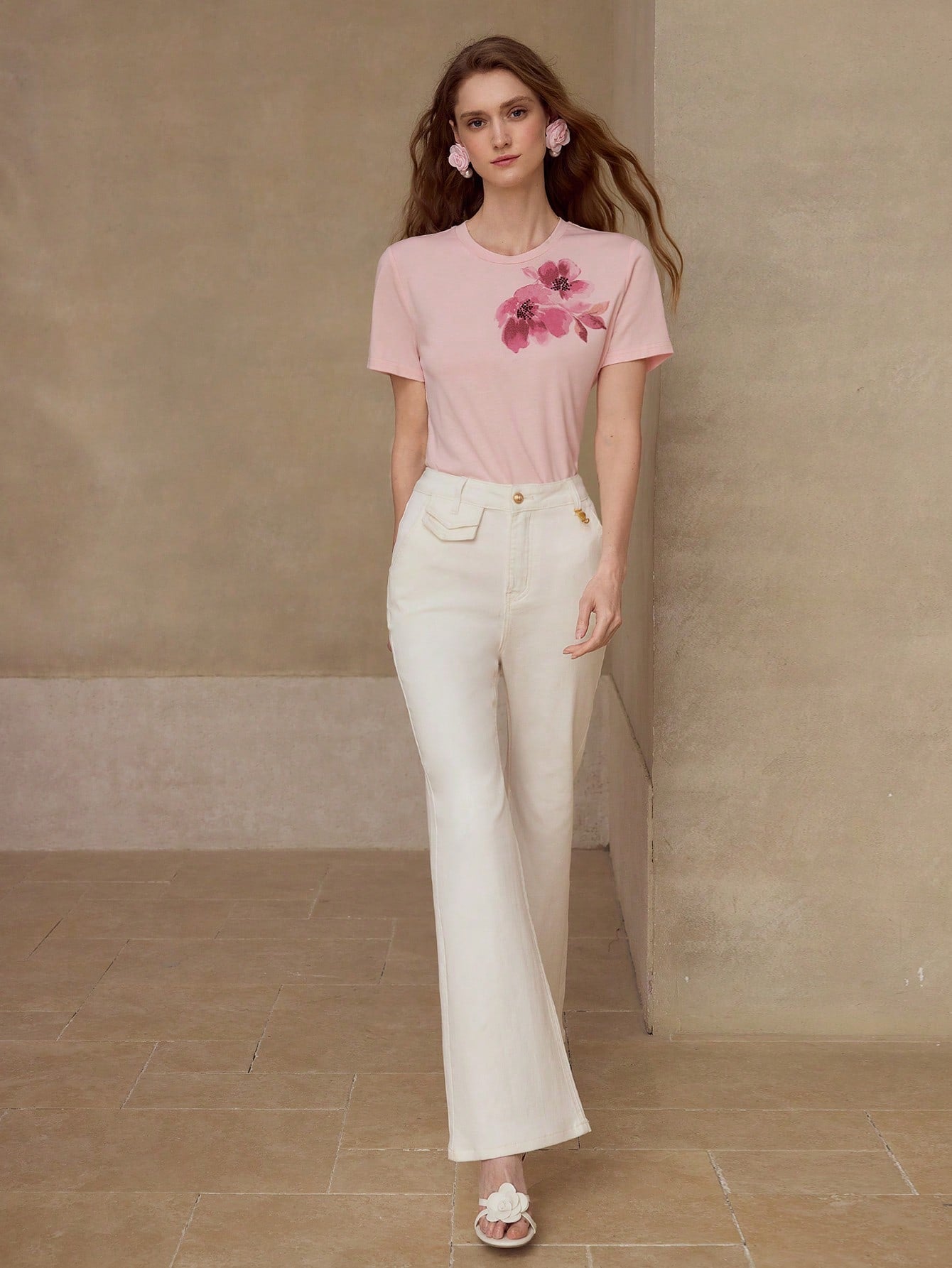 CM-BS066176 Women Casual Seoul Style Premium Metal Decor Slim Fit Flare Leg Jeans - White
