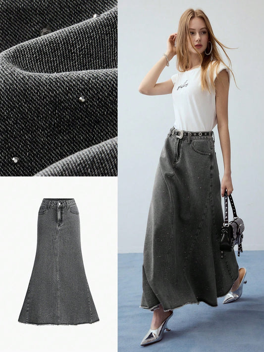 CM-BS389752 Women Casual Seoul Style Rhinestone Detail A-Line Denim Skirt - Gray