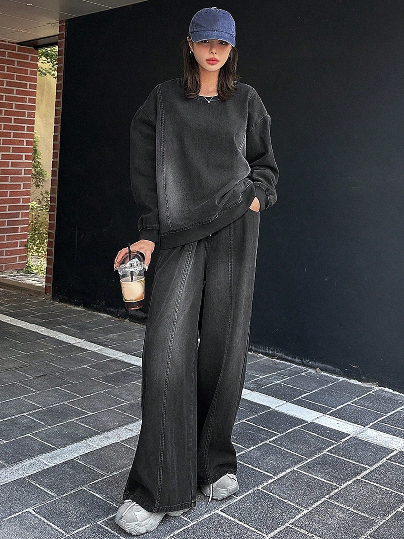 CM-SS268650 Women Casual Seoul Style Round Neck Drop Shoulder Loose Top With Wide Leg Jeans Denim - Set