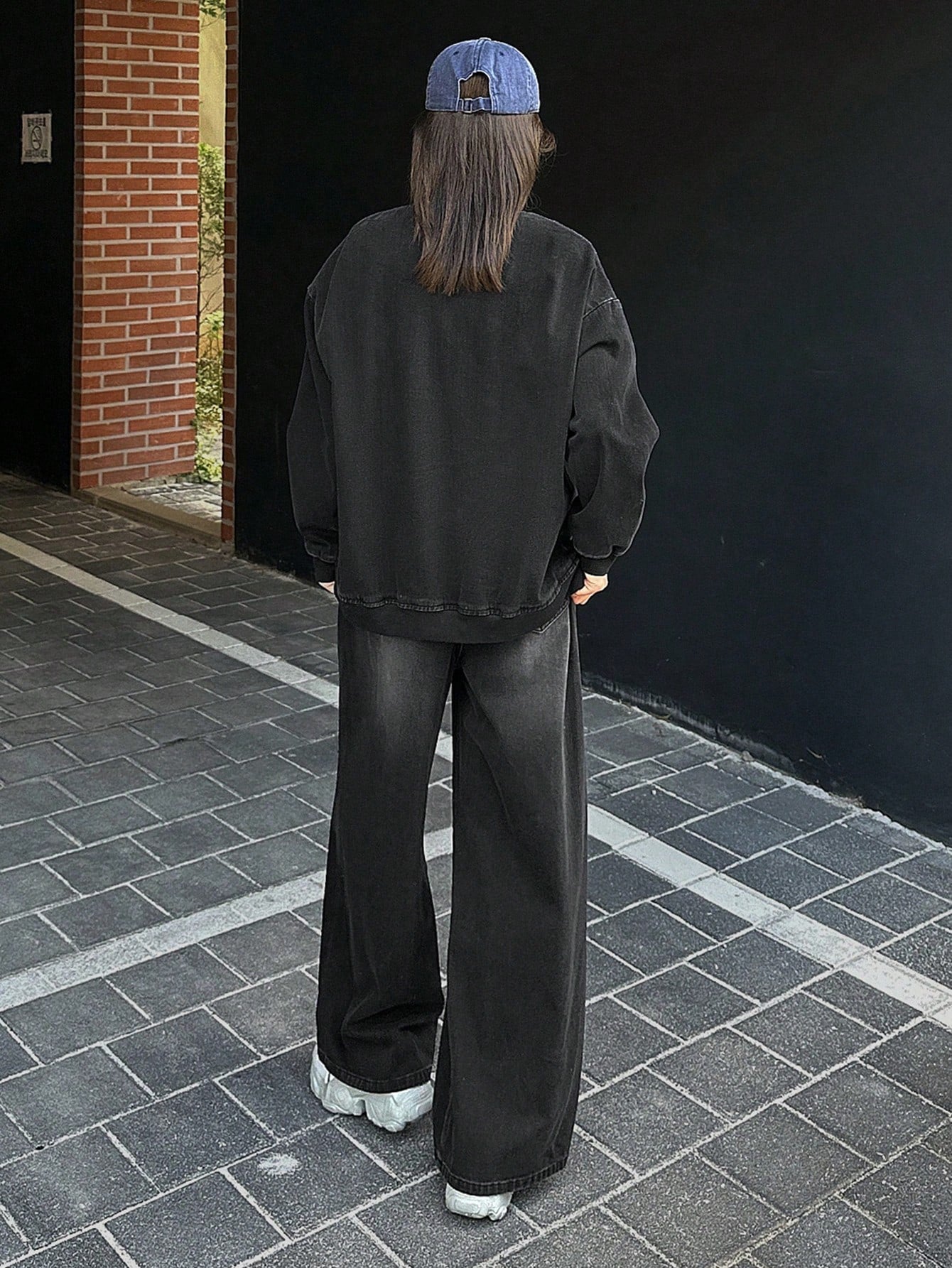 CM-SS268650 Women Casual Seoul Style Round Neck Drop Shoulder Loose Top With Wide Leg Jeans Denim - Set