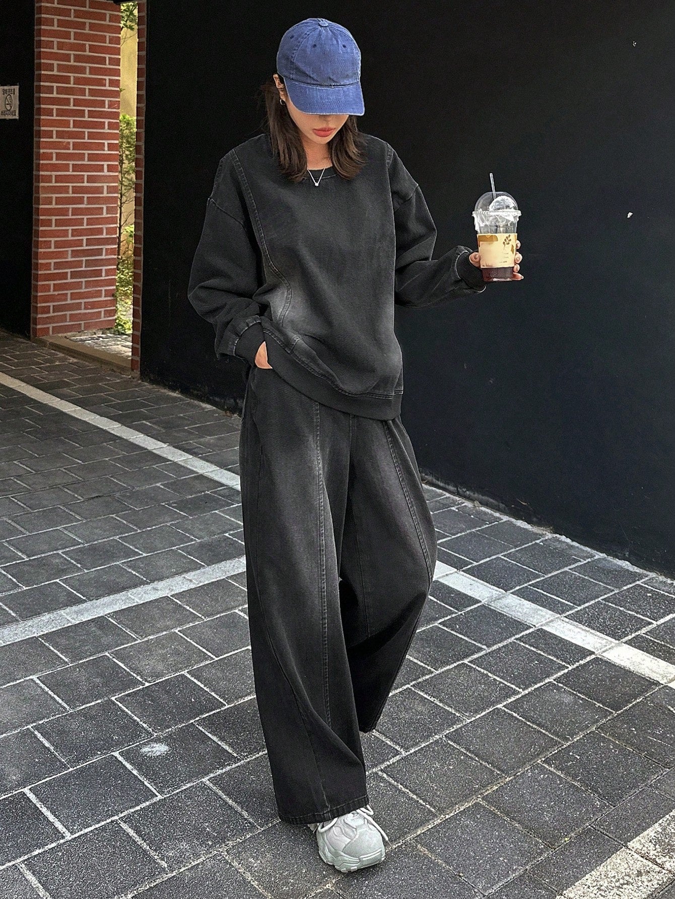 CM-SS268650 Women Casual Seoul Style Round Neck Drop Shoulder Loose Top With Wide Leg Jeans Denim - Set