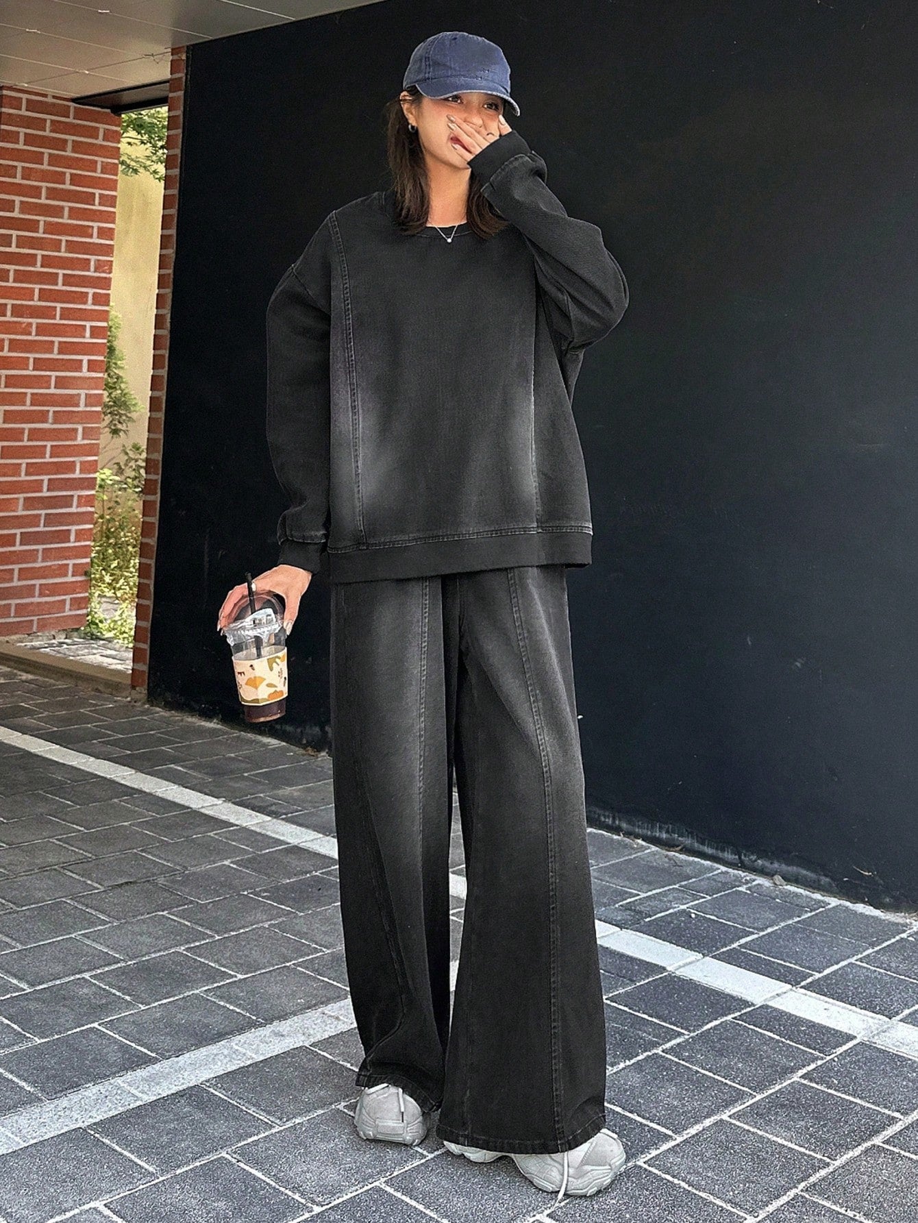CM-SS268650 Women Casual Seoul Style Round Neck Drop Shoulder Loose Top With Wide Leg Jeans Denim - Set