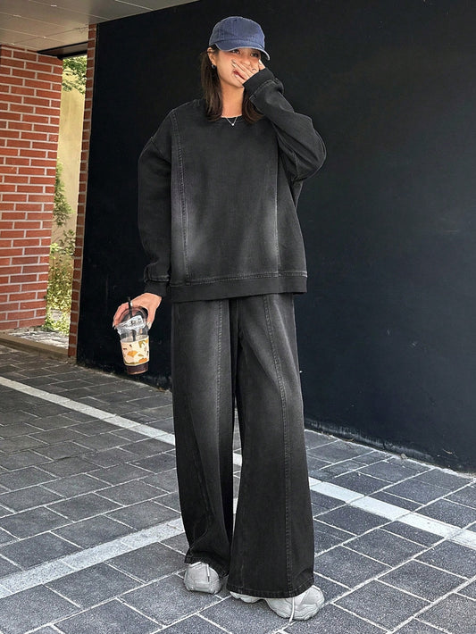 CM-SS268650 Women Casual Seoul Style Round Neck Drop Shoulder Loose Top With Wide Leg Jeans Denim - Set
