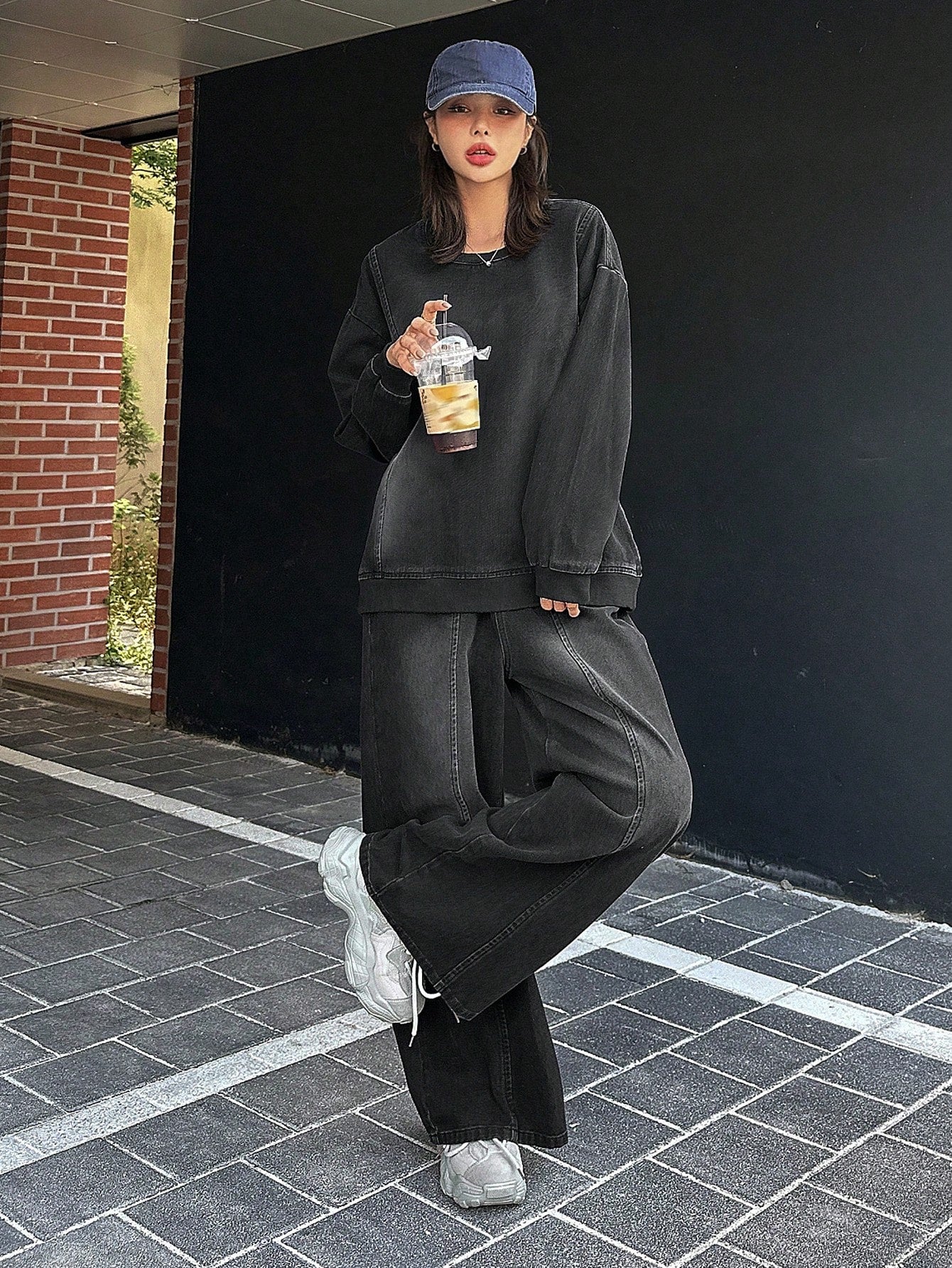 CM-SS268650 Women Casual Seoul Style Round Neck Drop Shoulder Loose Top With Wide Leg Jeans Denim - Set
