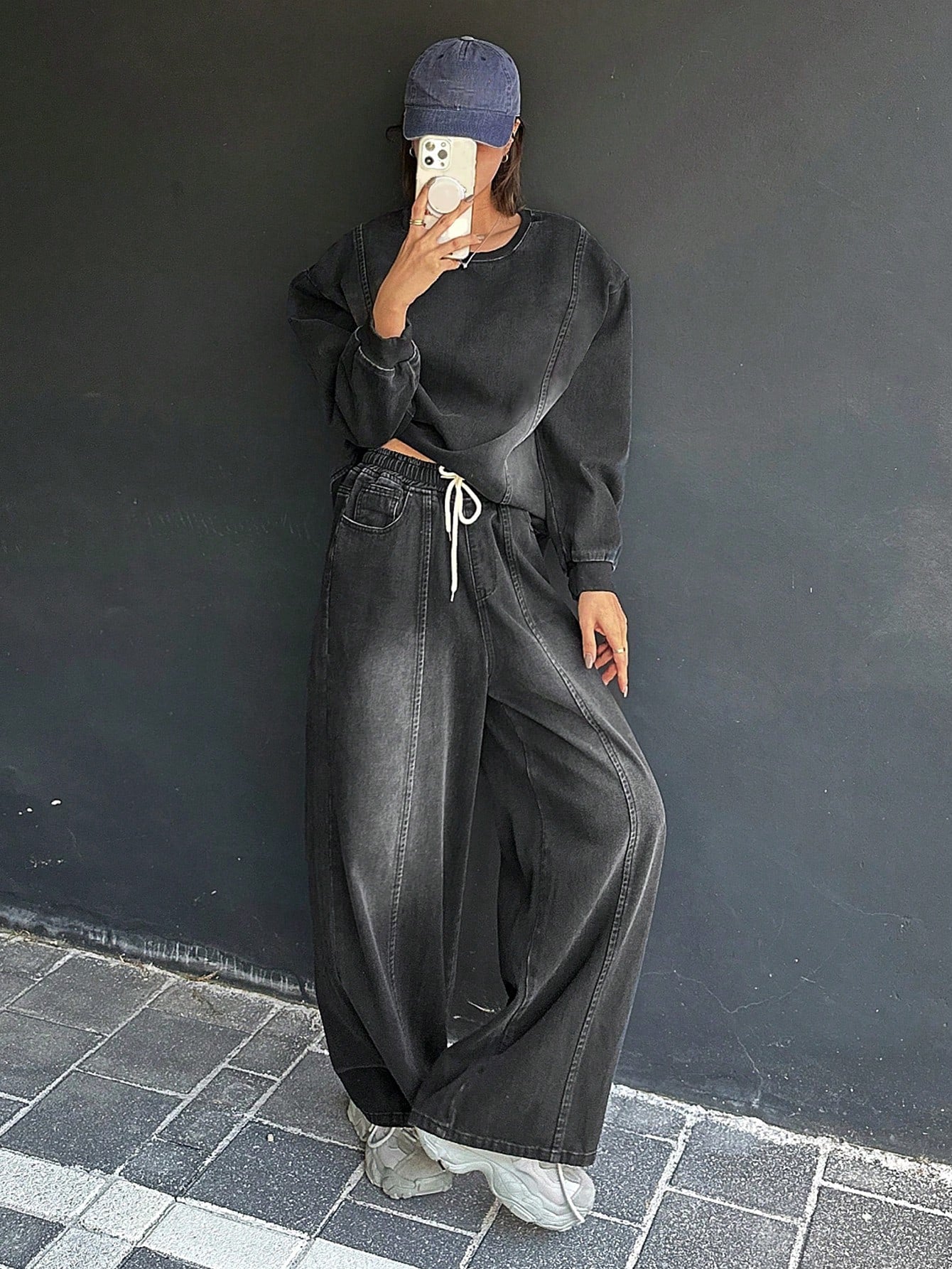 CM-SS268650 Women Casual Seoul Style Round Neck Drop Shoulder Loose Top With Wide Leg Jeans Denim - Set