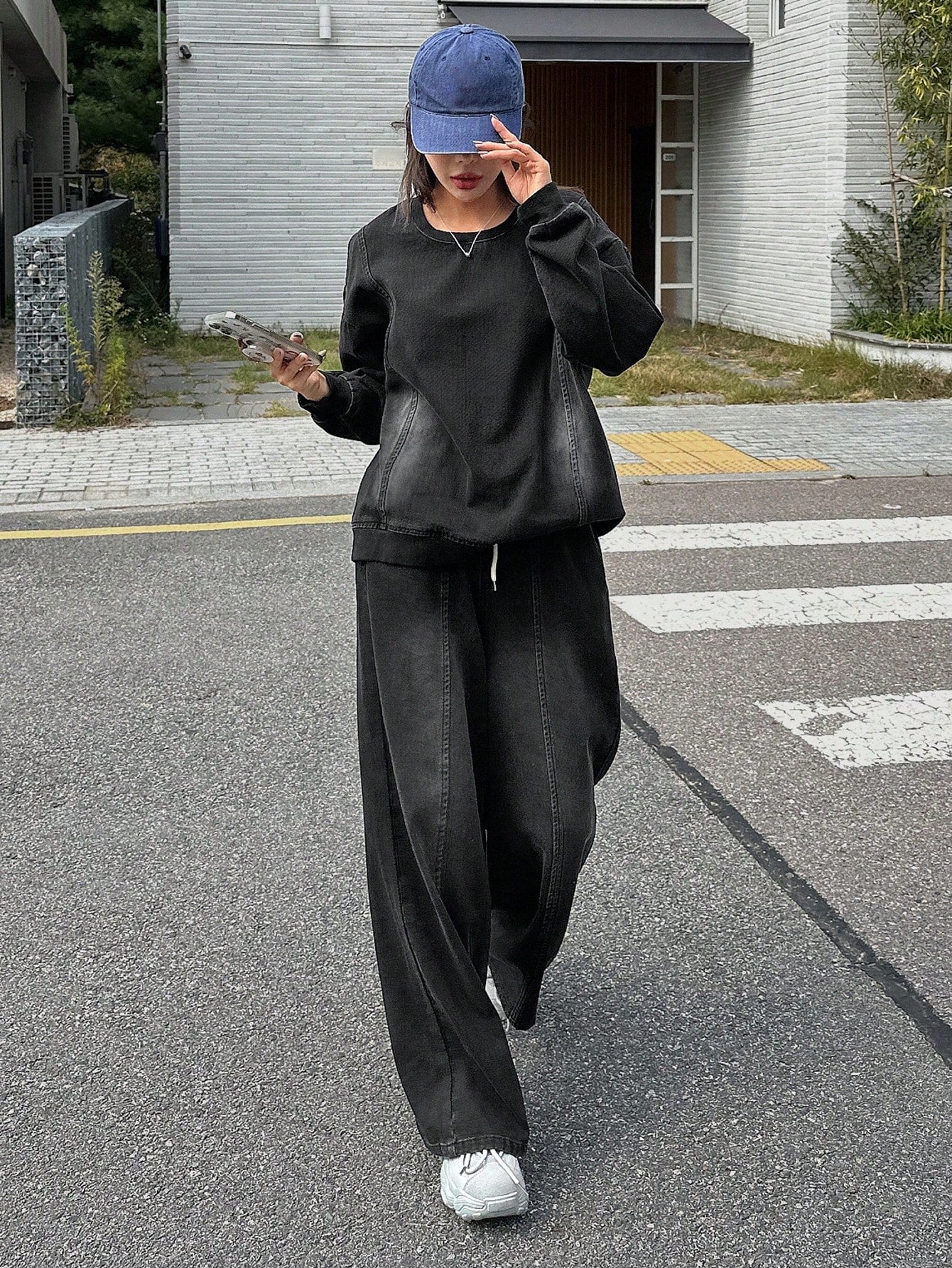 CM-SS268650 Women Casual Seoul Style Round Neck Drop Shoulder Loose Top With Wide Leg Jeans Denim - Set
