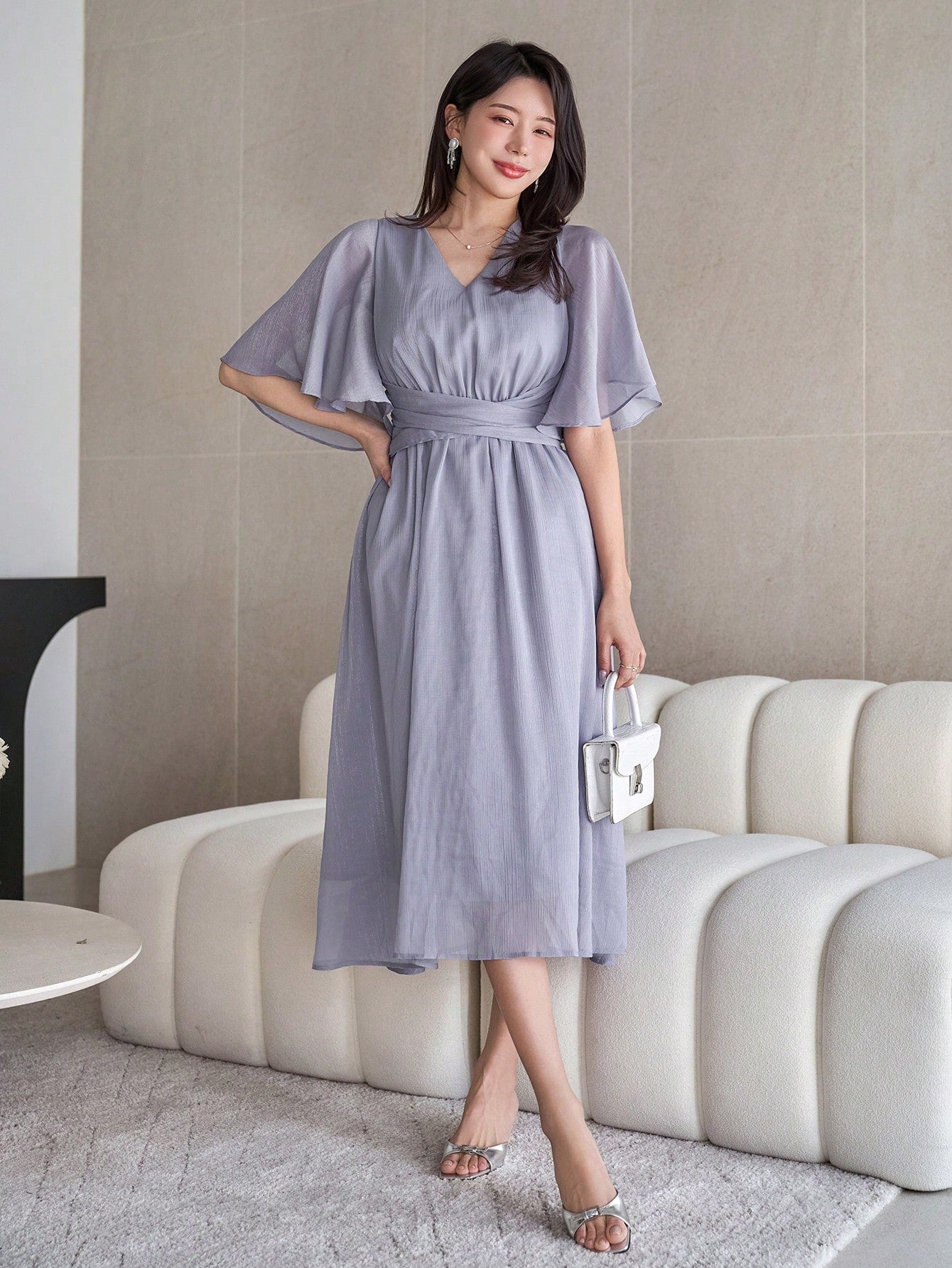 CM-DS198500 Women Elegant Seoul Style Solid Color V-Neck Ruffle Sleeve Pleat Hem Mid-Length Dress - Blue