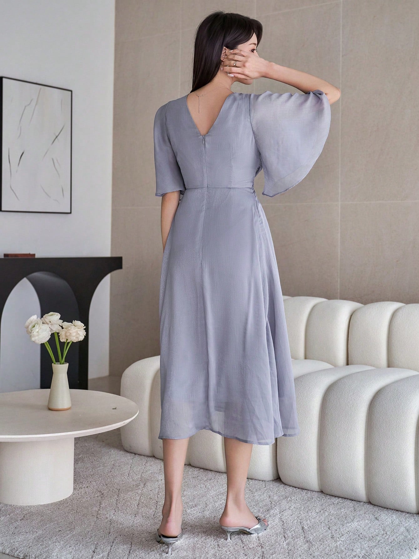CM-DS198500 Women Elegant Seoul Style Solid Color V-Neck Ruffle Sleeve Pleat Hem Mid-Length Dress - Blue
