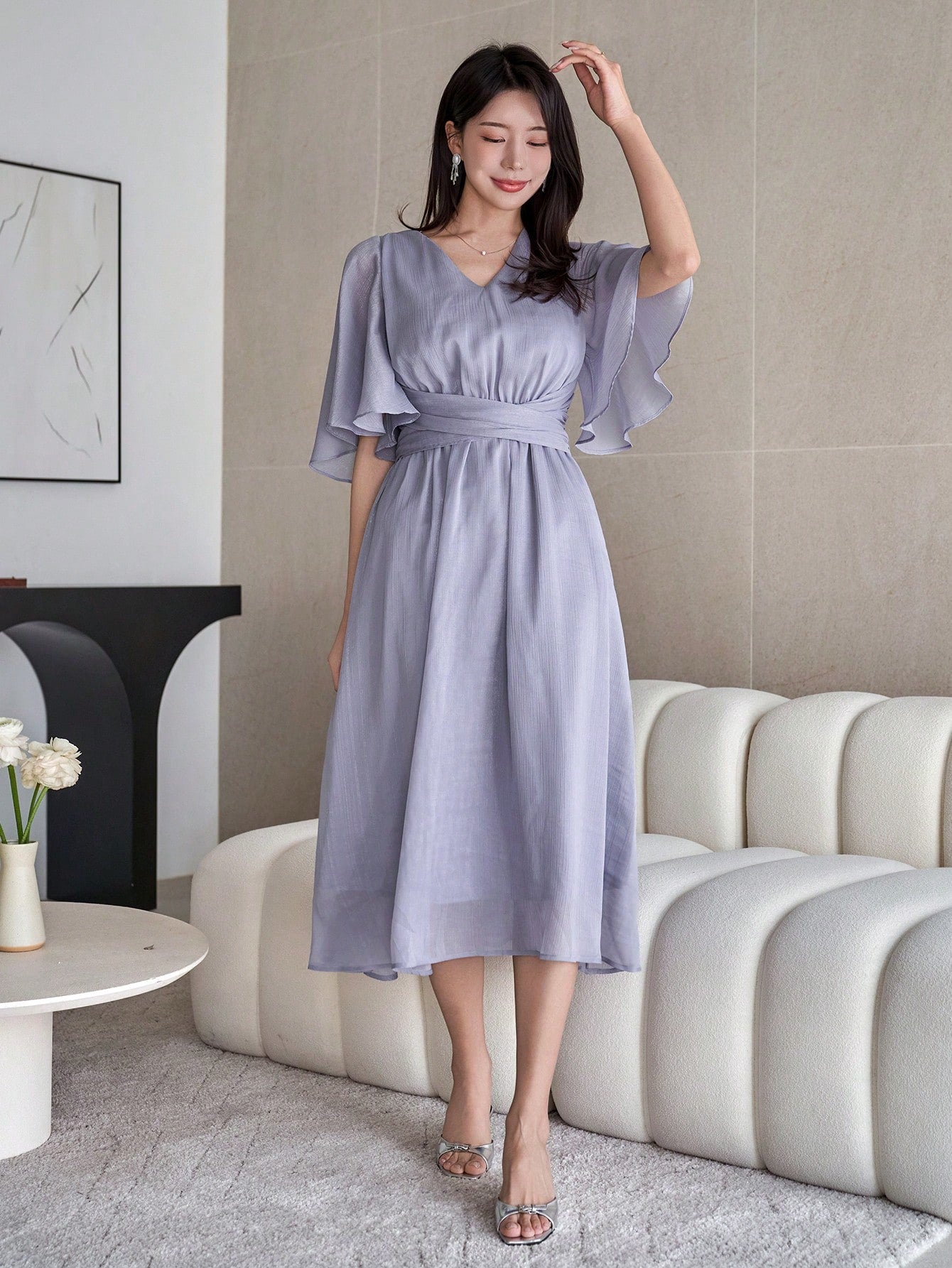 CM-DS198500 Women Elegant Seoul Style Solid Color V-Neck Ruffle Sleeve Pleat Hem Mid-Length Dress - Blue