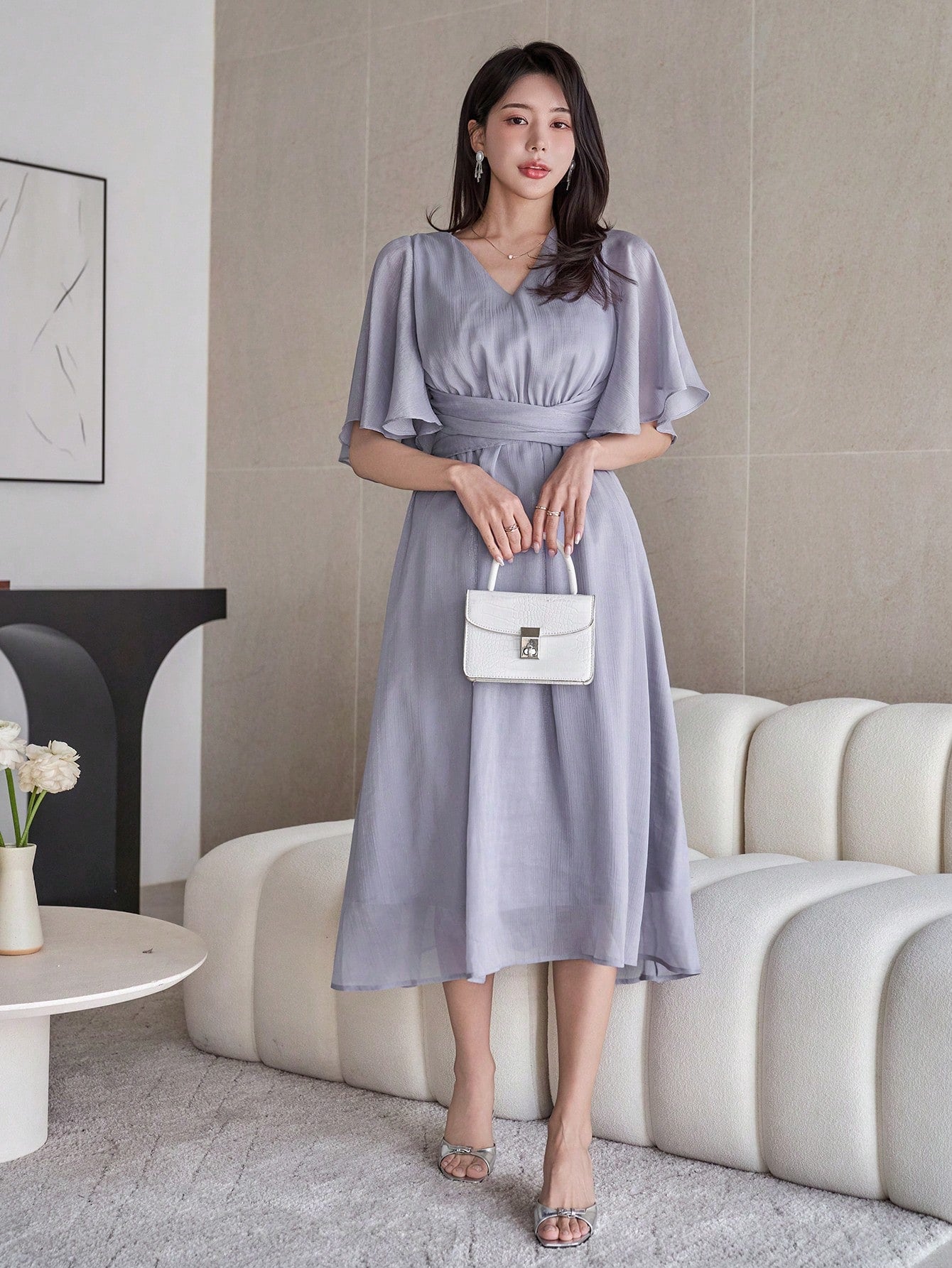 CM-DS198500 Women Elegant Seoul Style Solid Color V-Neck Ruffle Sleeve Pleat Hem Mid-Length Dress - Blue