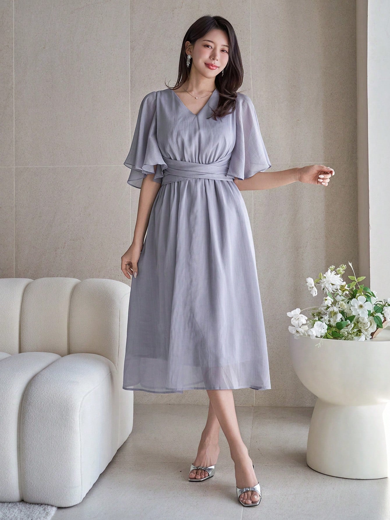 CM-DS198500 Women Elegant Seoul Style Solid Color V-Neck Ruffle Sleeve Pleat Hem Mid-Length Dress - Blue
