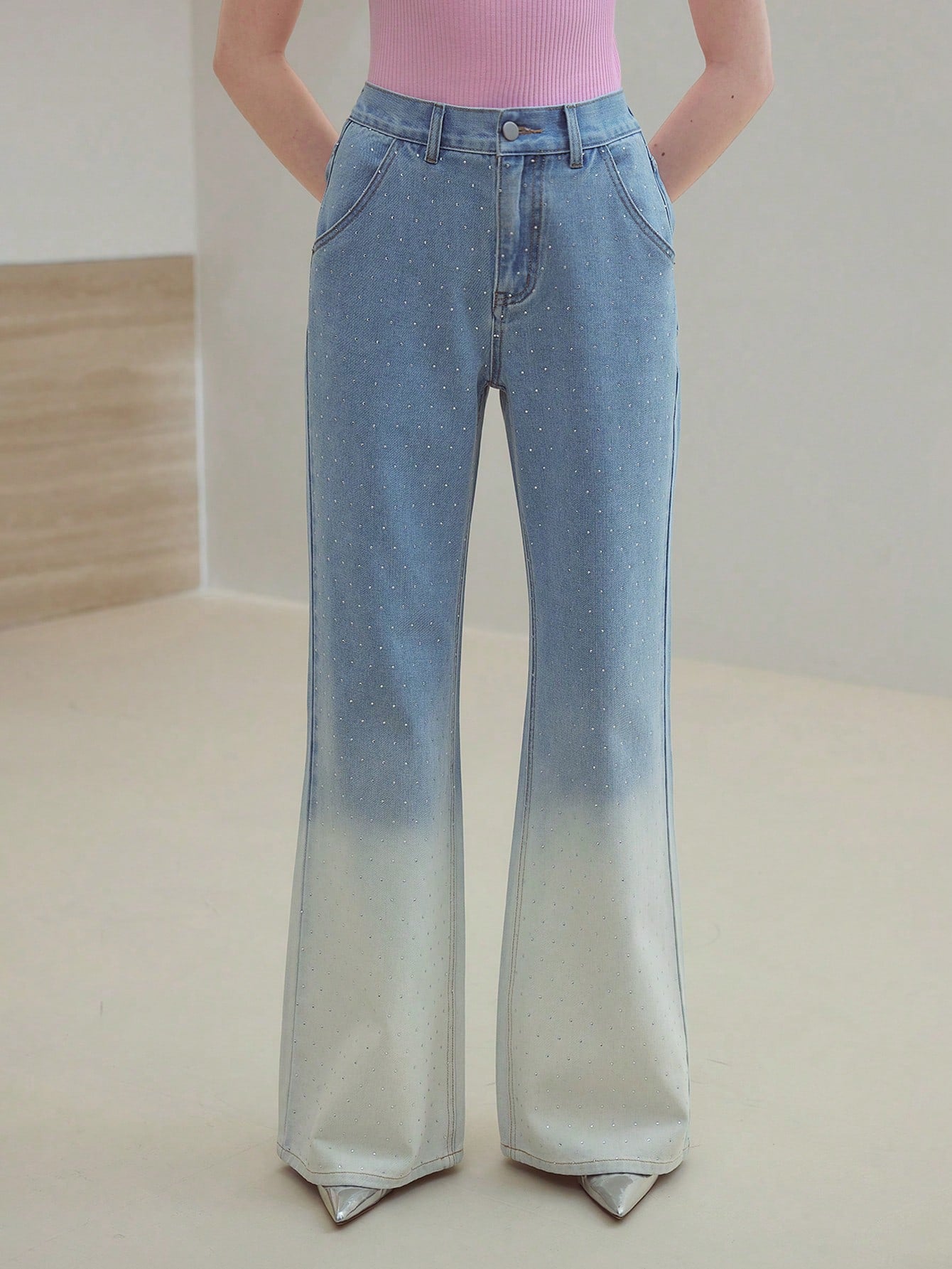 CM-BS602772 Women Casual Seoul Style Rhinestone Ombre Loose Flare Leg Jeans - Blue
