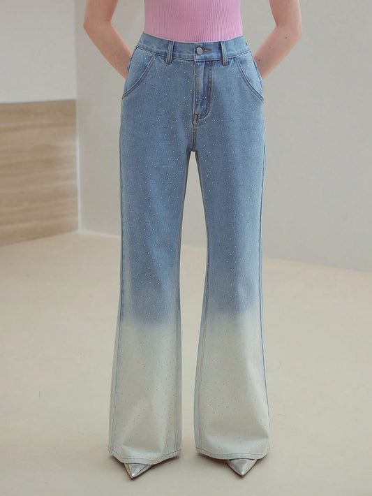 CM-BS602772 Women Casual Seoul Style Rhinestone Ombre Loose Flare Leg Jeans - Blue