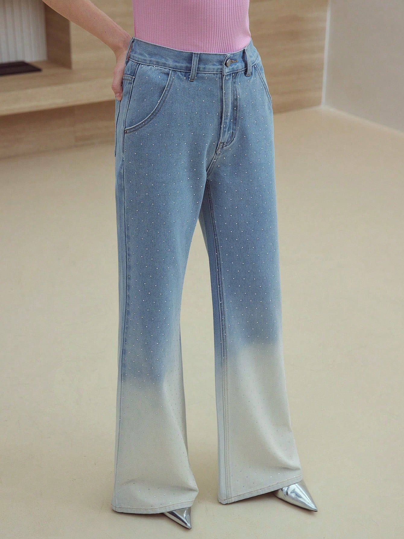 CM-BS602772 Women Casual Seoul Style Rhinestone Ombre Loose Flare Leg Jeans - Blue
