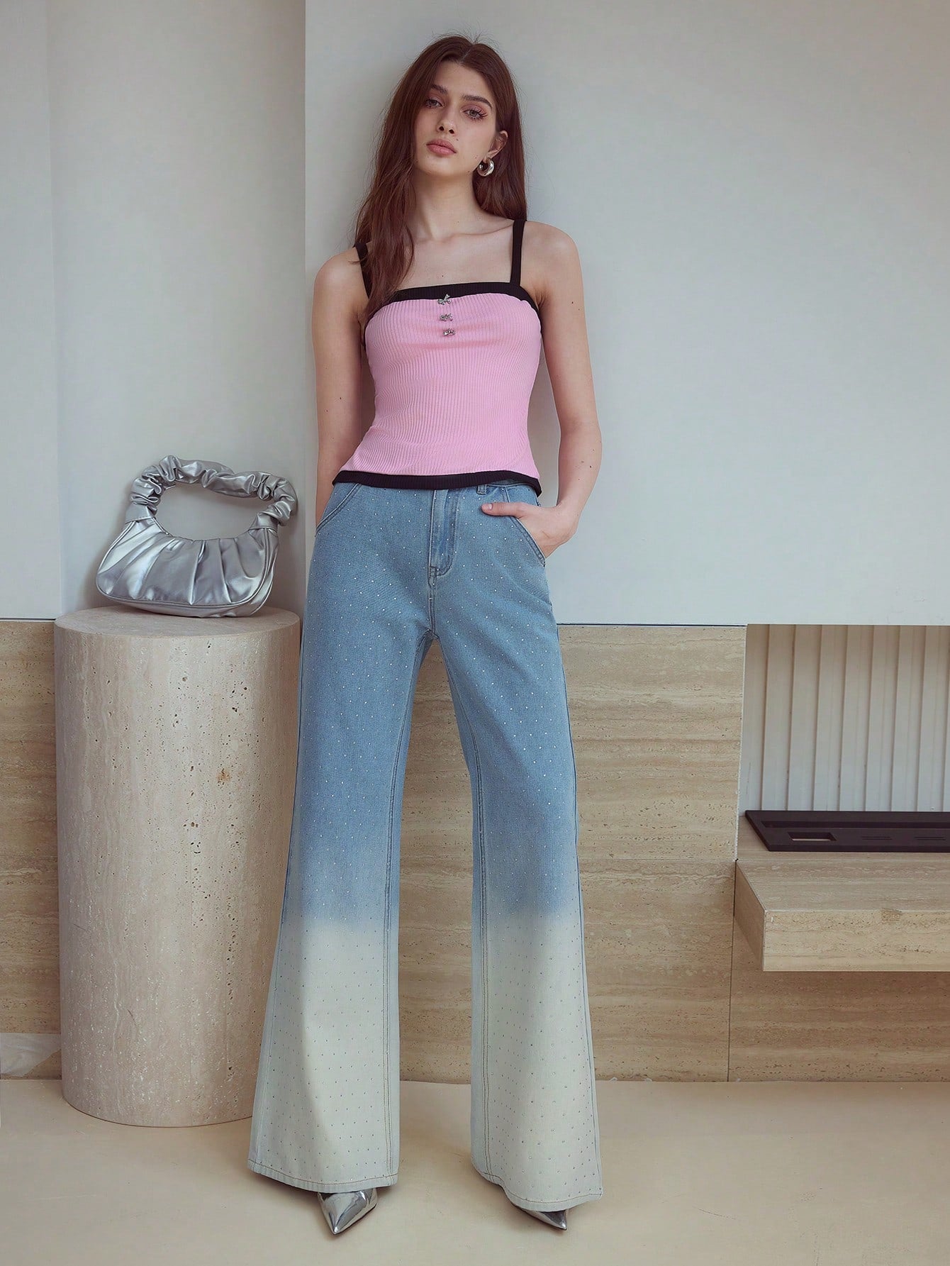 CM-BS602772 Women Casual Seoul Style Rhinestone Ombre Loose Flare Leg Jeans - Blue