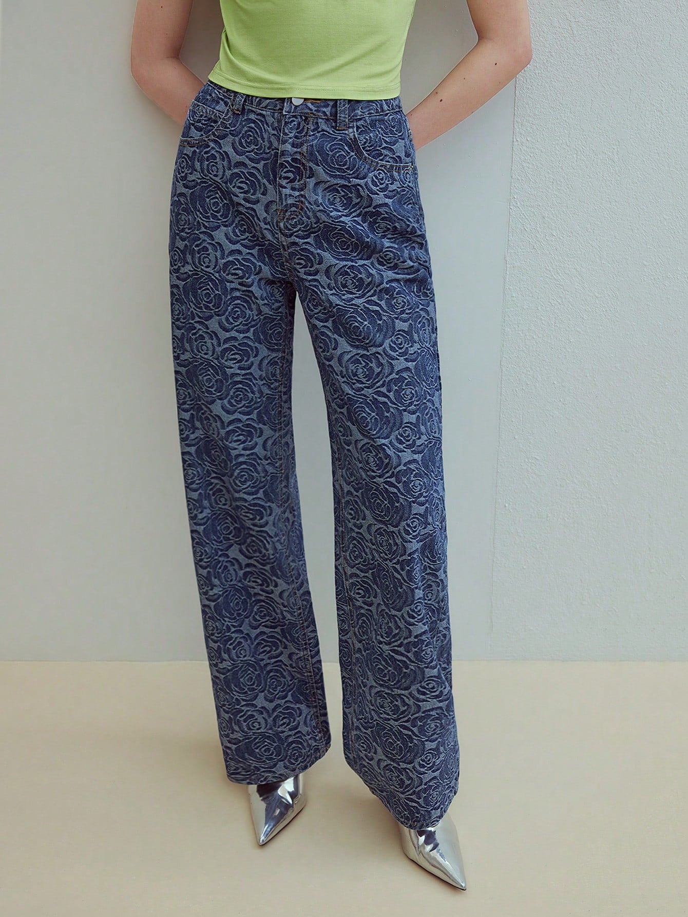 CM-BS039801 Women Casual Seoul Style All-Over Print Jacquard Mom Fit Straight Leg Jeans - Blue