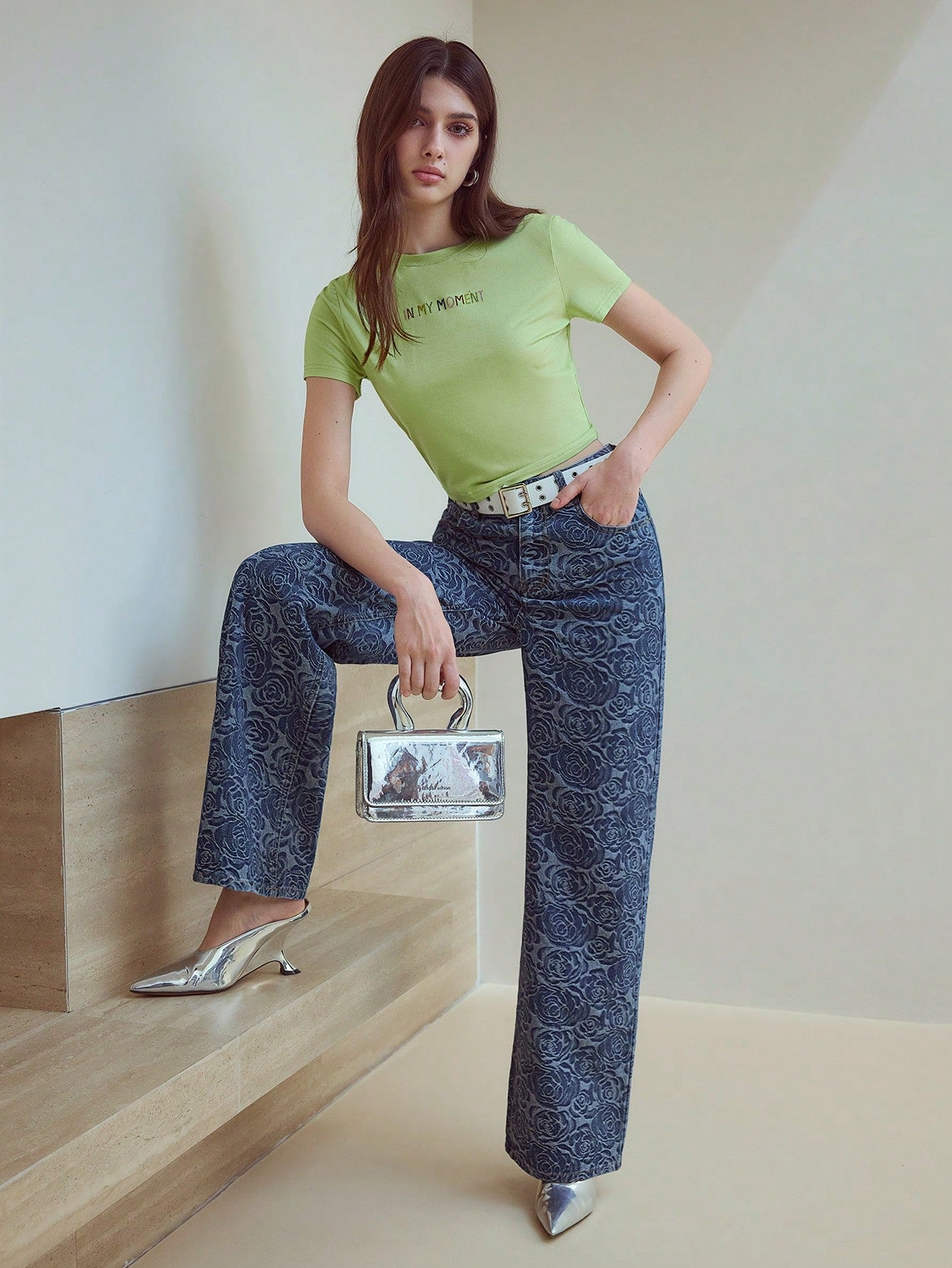CM-BS039801 Women Casual Seoul Style All-Over Print Jacquard Mom Fit Straight Leg Jeans - Blue