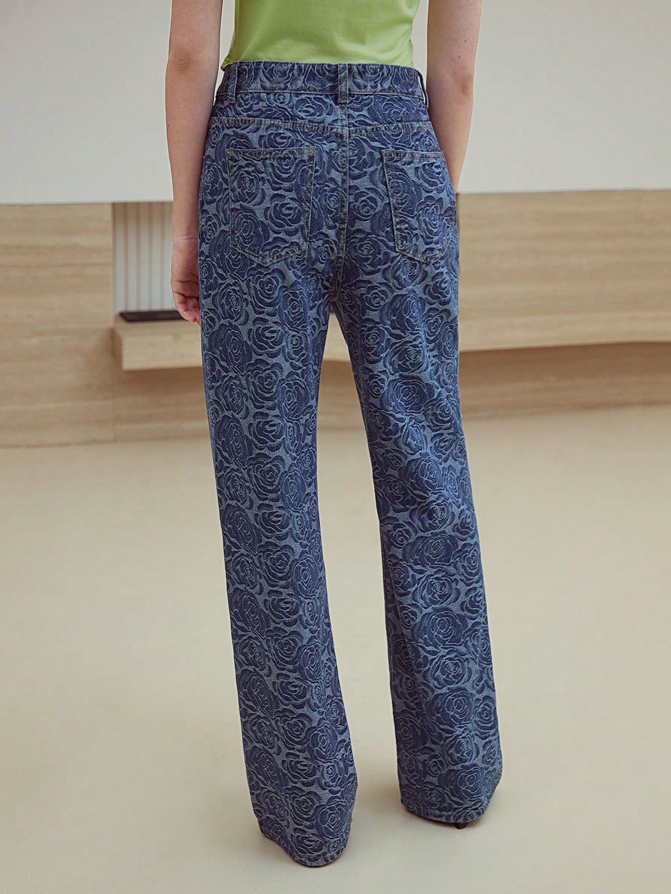 CM-BS039801 Women Casual Seoul Style All-Over Print Jacquard Mom Fit Straight Leg Jeans - Blue