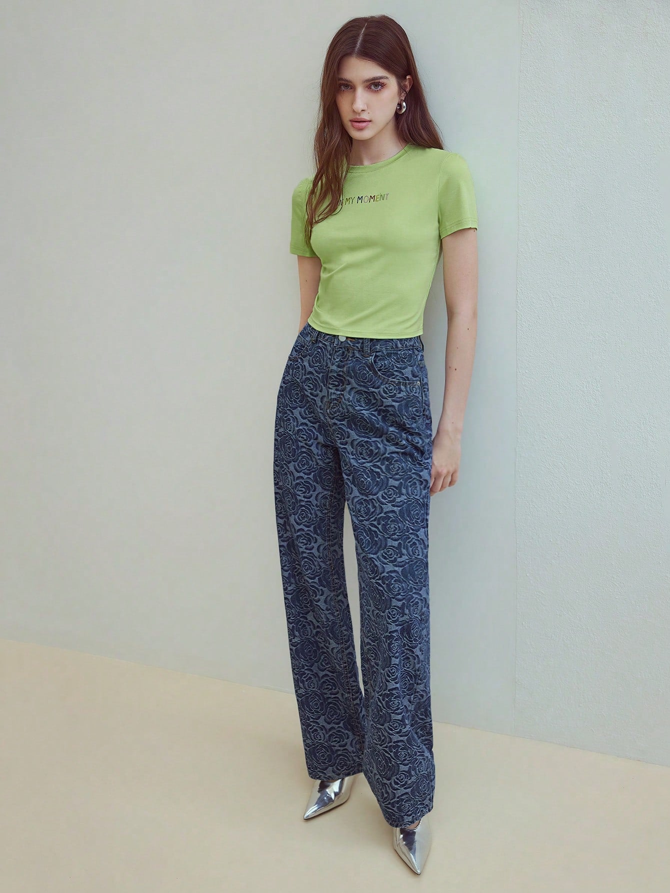 CM-BS039801 Women Casual Seoul Style All-Over Print Jacquard Mom Fit Straight Leg Jeans - Blue