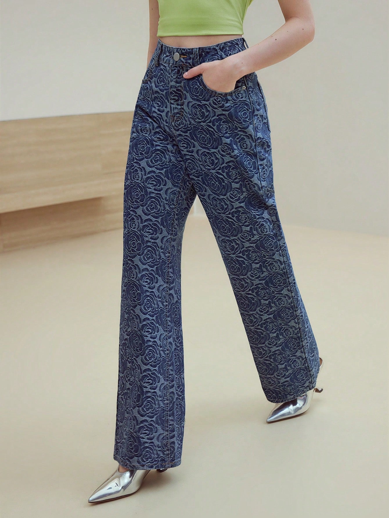 CM-BS039801 Women Casual Seoul Style All-Over Print Jacquard Mom Fit Straight Leg Jeans - Blue