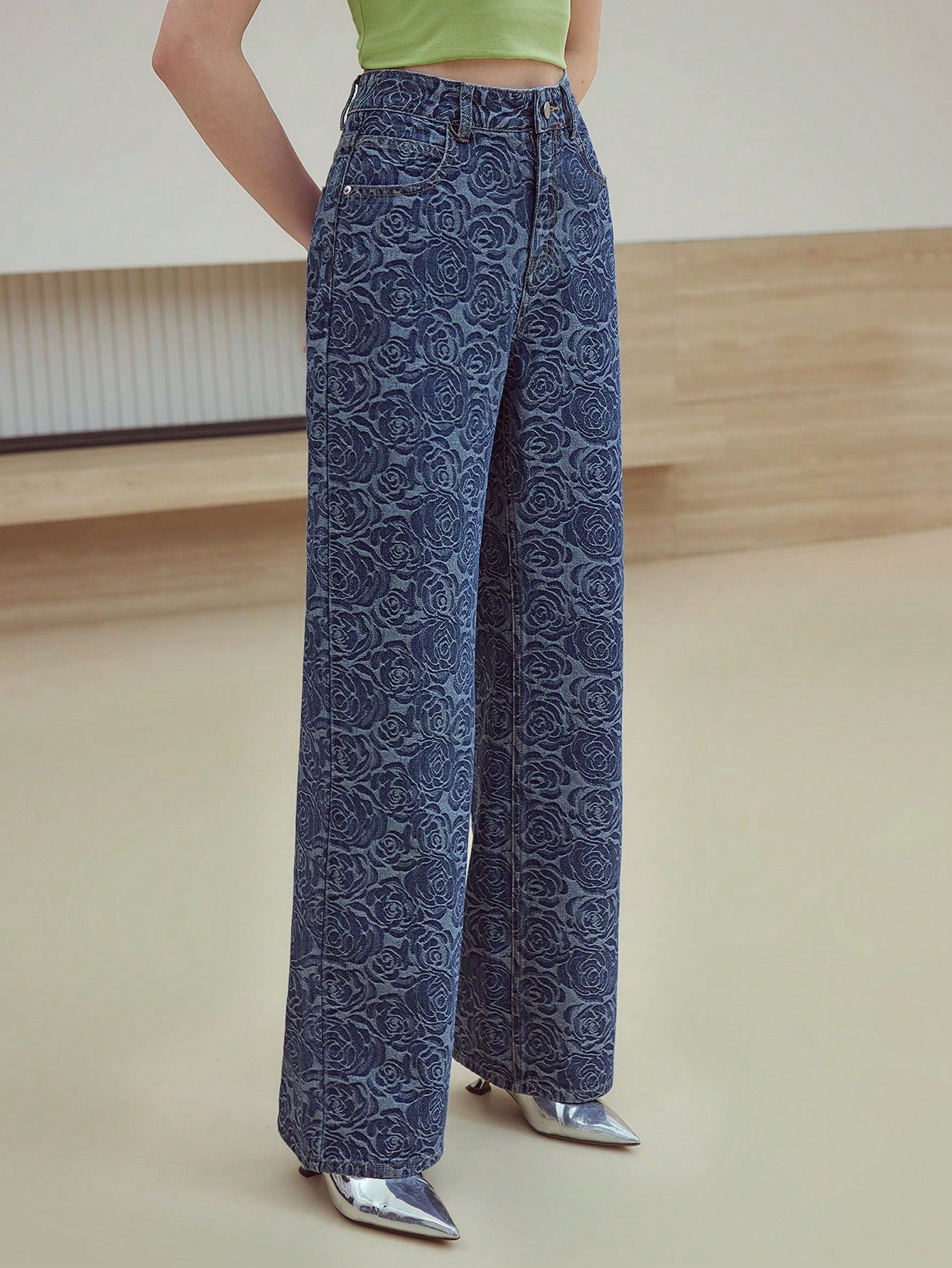 CM-BS039801 Women Casual Seoul Style All-Over Print Jacquard Mom Fit Straight Leg Jeans - Blue