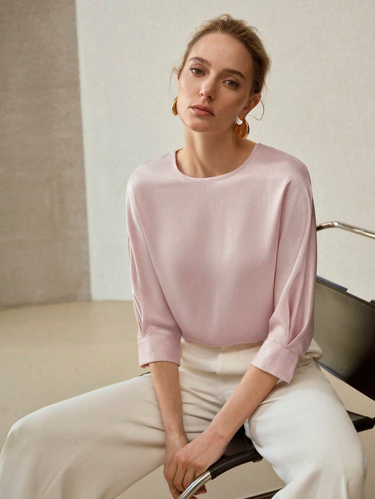 CM-TS366396 Women Casual Seoul Style Solid Keyhole Back Round Neck Half Sleeve Blouse - Baby Pink