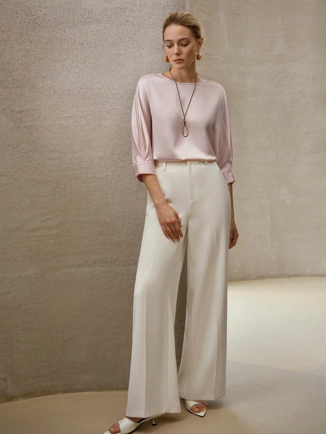 CM-TS366396 Women Casual Seoul Style Solid Keyhole Back Round Neck Half Sleeve Blouse - Baby Pink