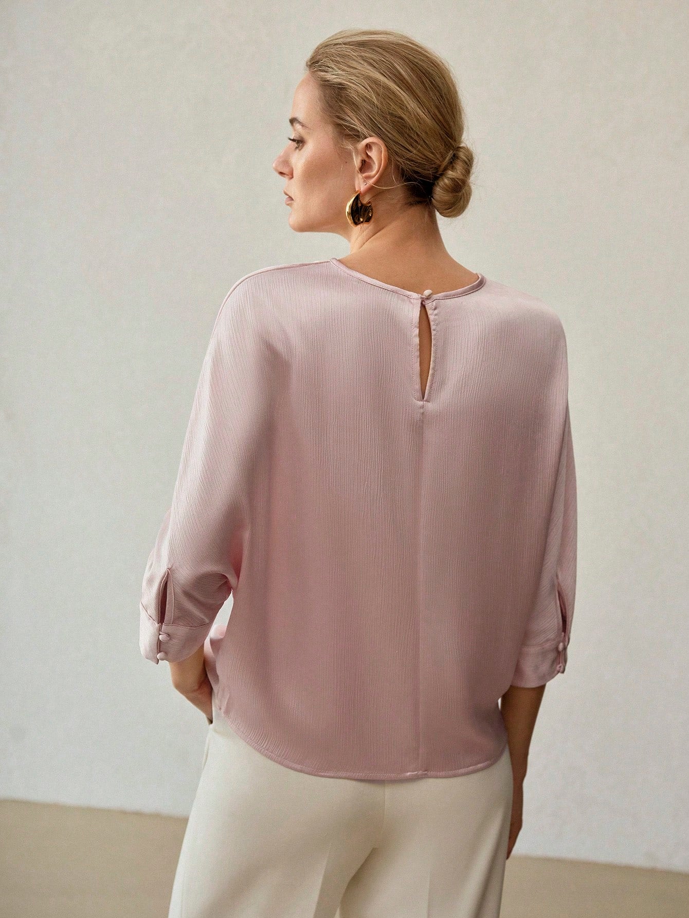 CM-TS366396 Women Casual Seoul Style Solid Keyhole Back Round Neck Half Sleeve Blouse - Baby Pink