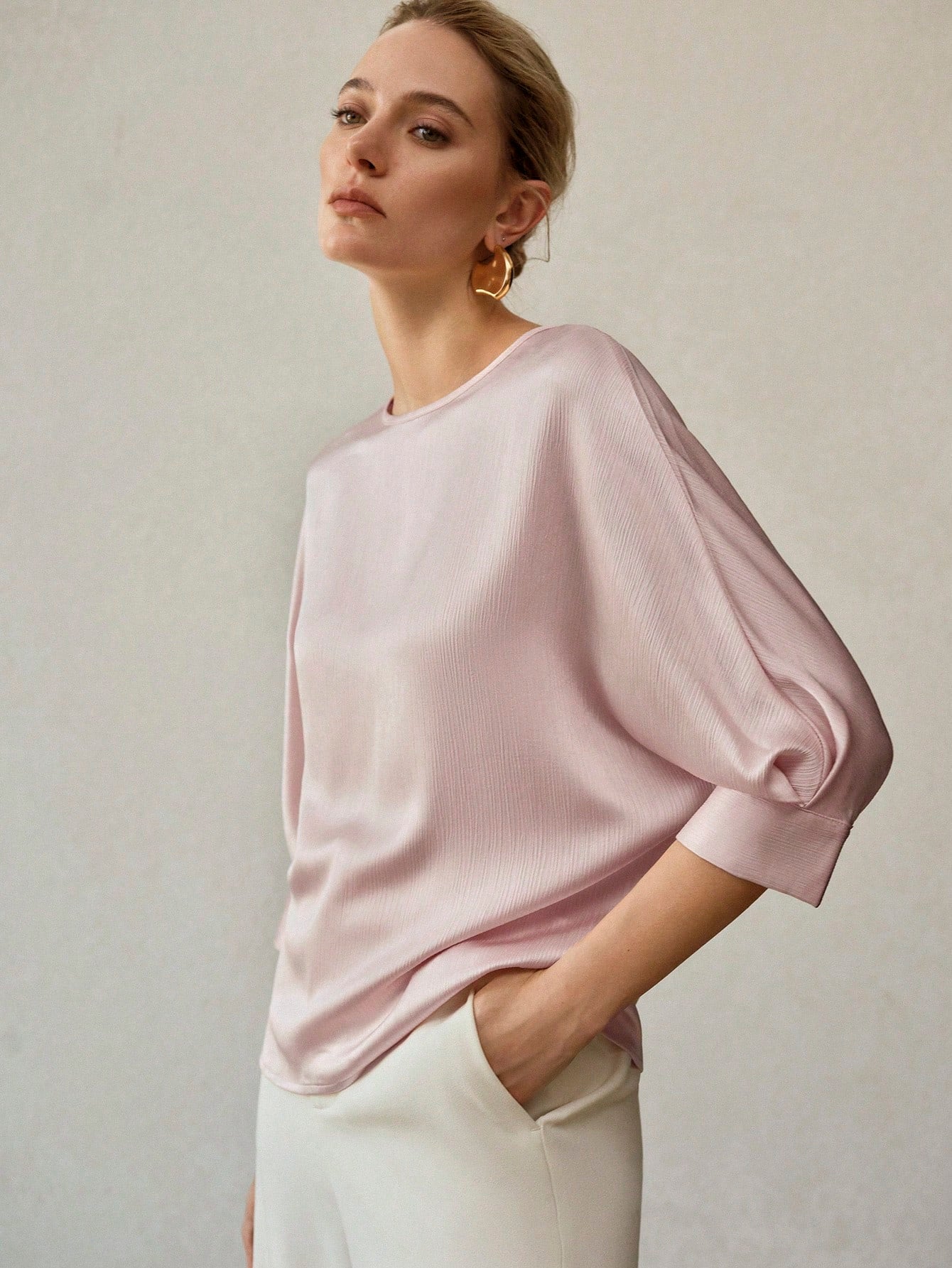 CM-TS366396 Women Casual Seoul Style Solid Keyhole Back Round Neck Half Sleeve Blouse - Baby Pink