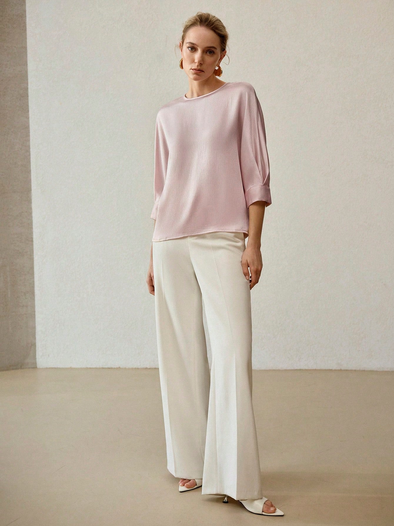 CM-TS366396 Women Casual Seoul Style Solid Keyhole Back Round Neck Half Sleeve Blouse - Baby Pink