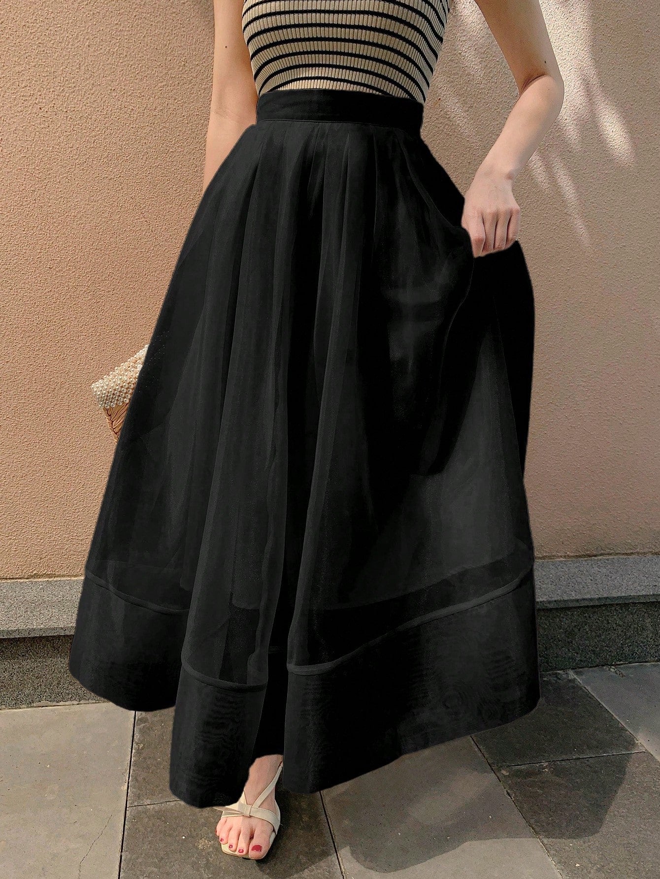 CM-BS984683 Women Trendy Bohemian Styke Solid Color High Waist Mesh Patchwork Fluffy Skirt - Black