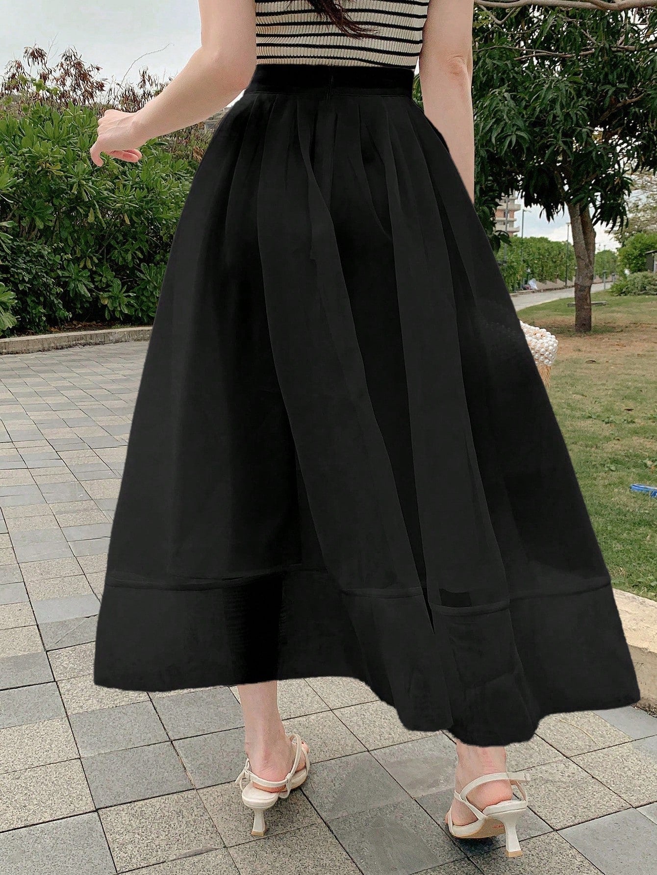 CM-BS984683 Women Trendy Bohemian Styke Solid Color High Waist Mesh Patchwork Fluffy Skirt - Black