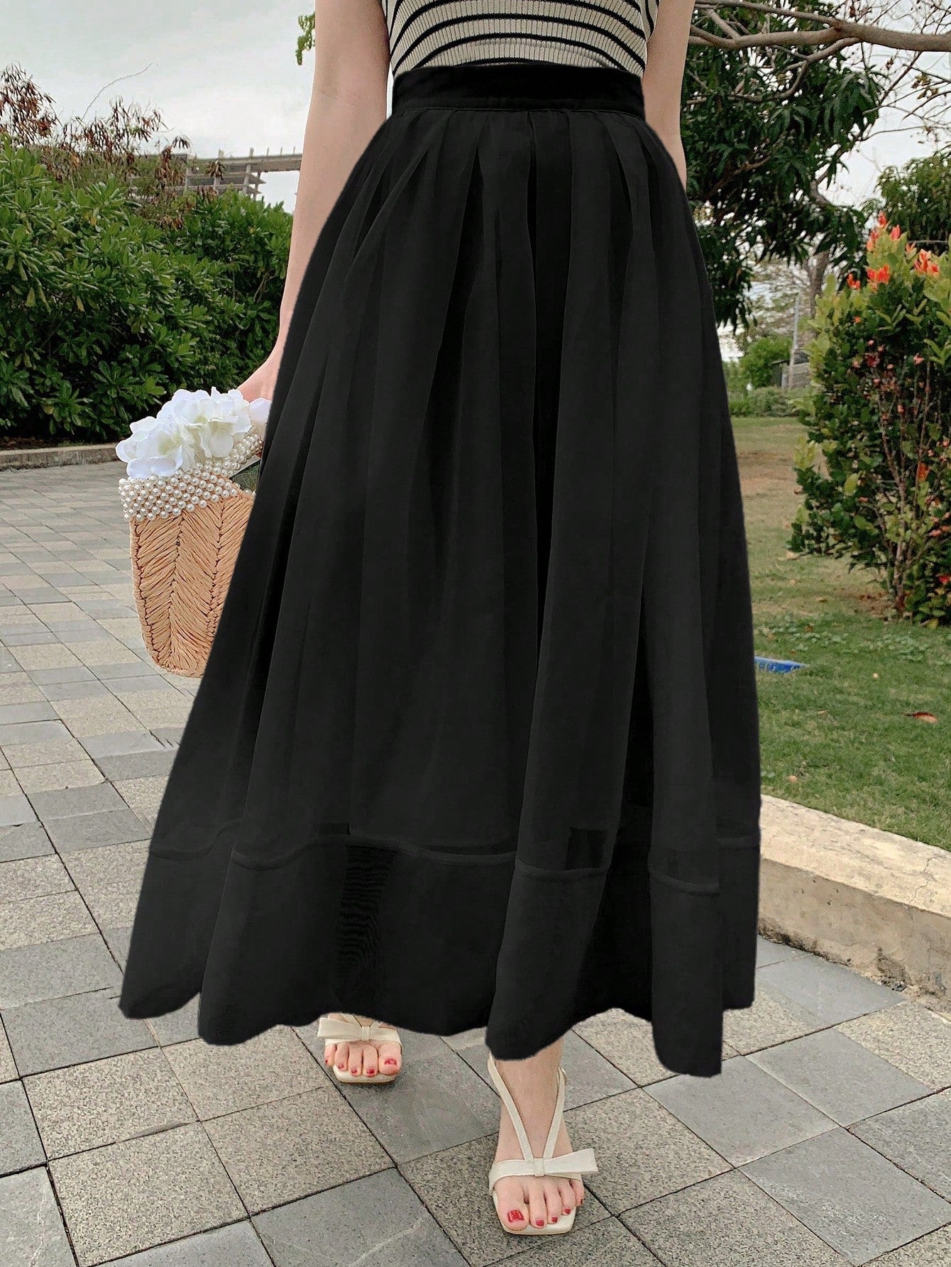 CM-BS984683 Women Trendy Bohemian Styke Solid Color High Waist Mesh Patchwork Fluffy Skirt - Black