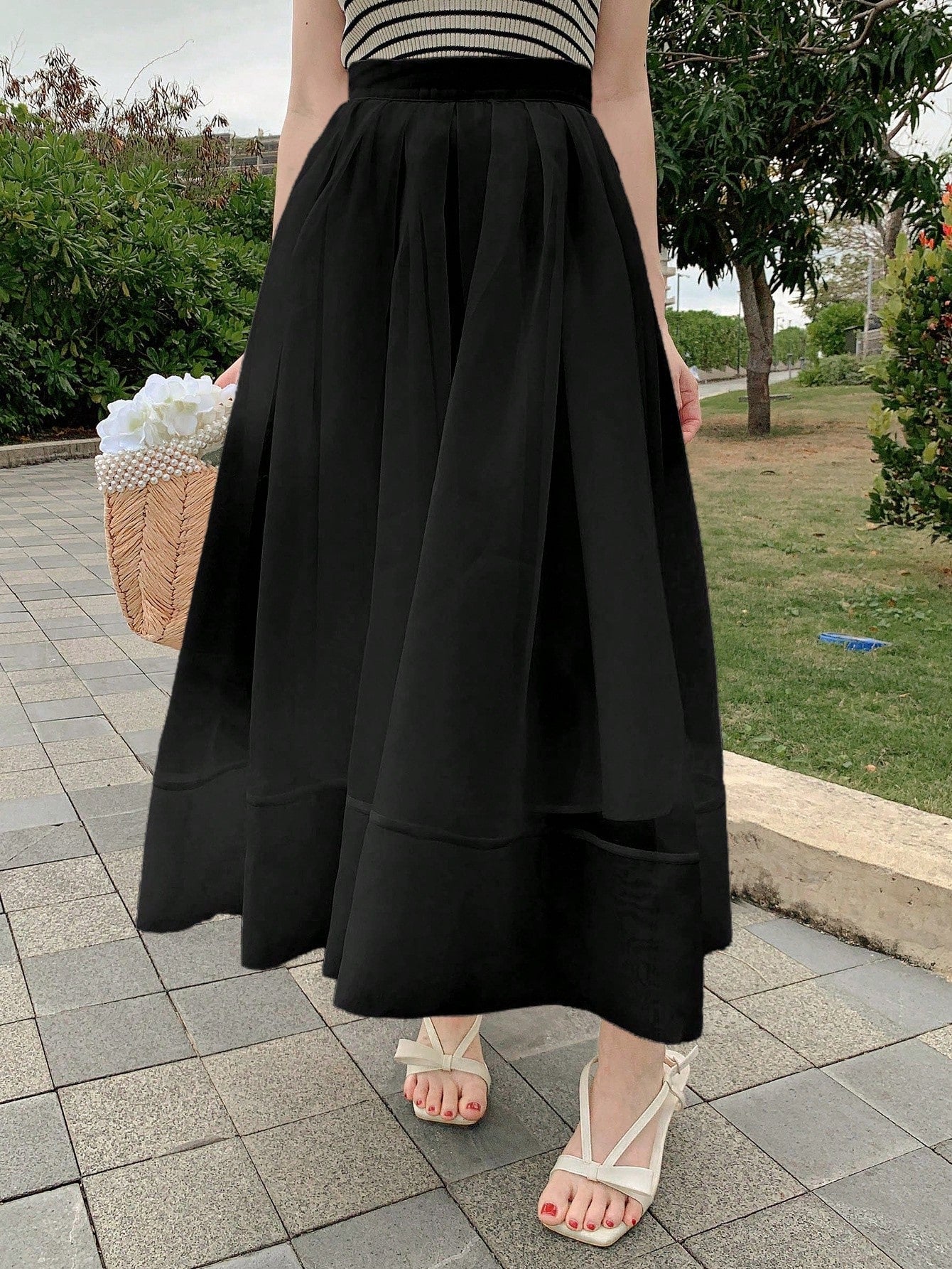 CM-BS984683 Women Trendy Bohemian Styke Solid Color High Waist Mesh Patchwork Fluffy Skirt - Black