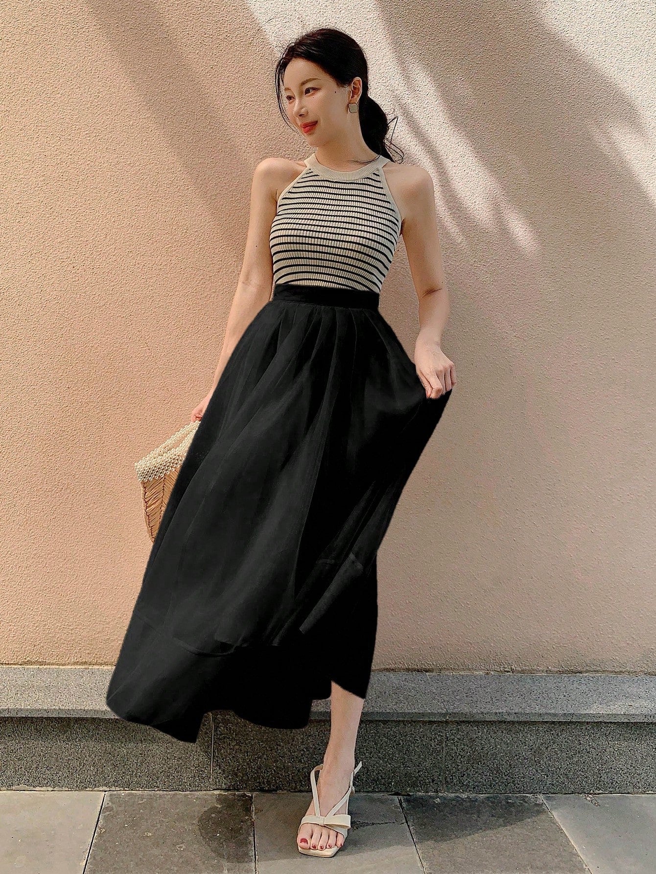 CM-BS984683 Women Trendy Bohemian Styke Solid Color High Waist Mesh Patchwork Fluffy Skirt - Black