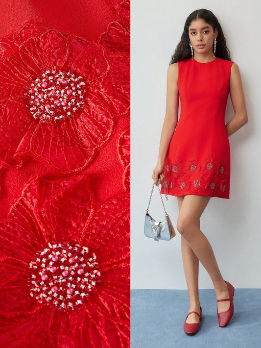 CM-DS862666 Women Elegant Seoul Style Round Neck Sleeveless Floral Patched Mid Waist Mini Dress - Red