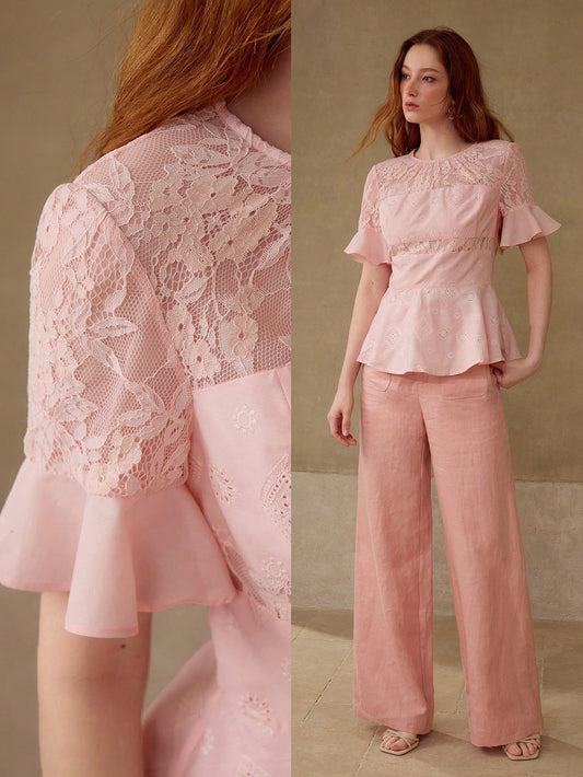 CM-TS838176 Women Elegant Seoul Style Round Neck Short Sleeve Contrast Lace Peplum Top - Pink