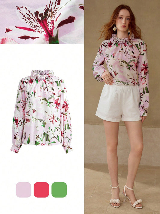 CM-TS779394 Women Trendy Bohemian Style Floral Print Ruffle Neck Long Sleeve Top