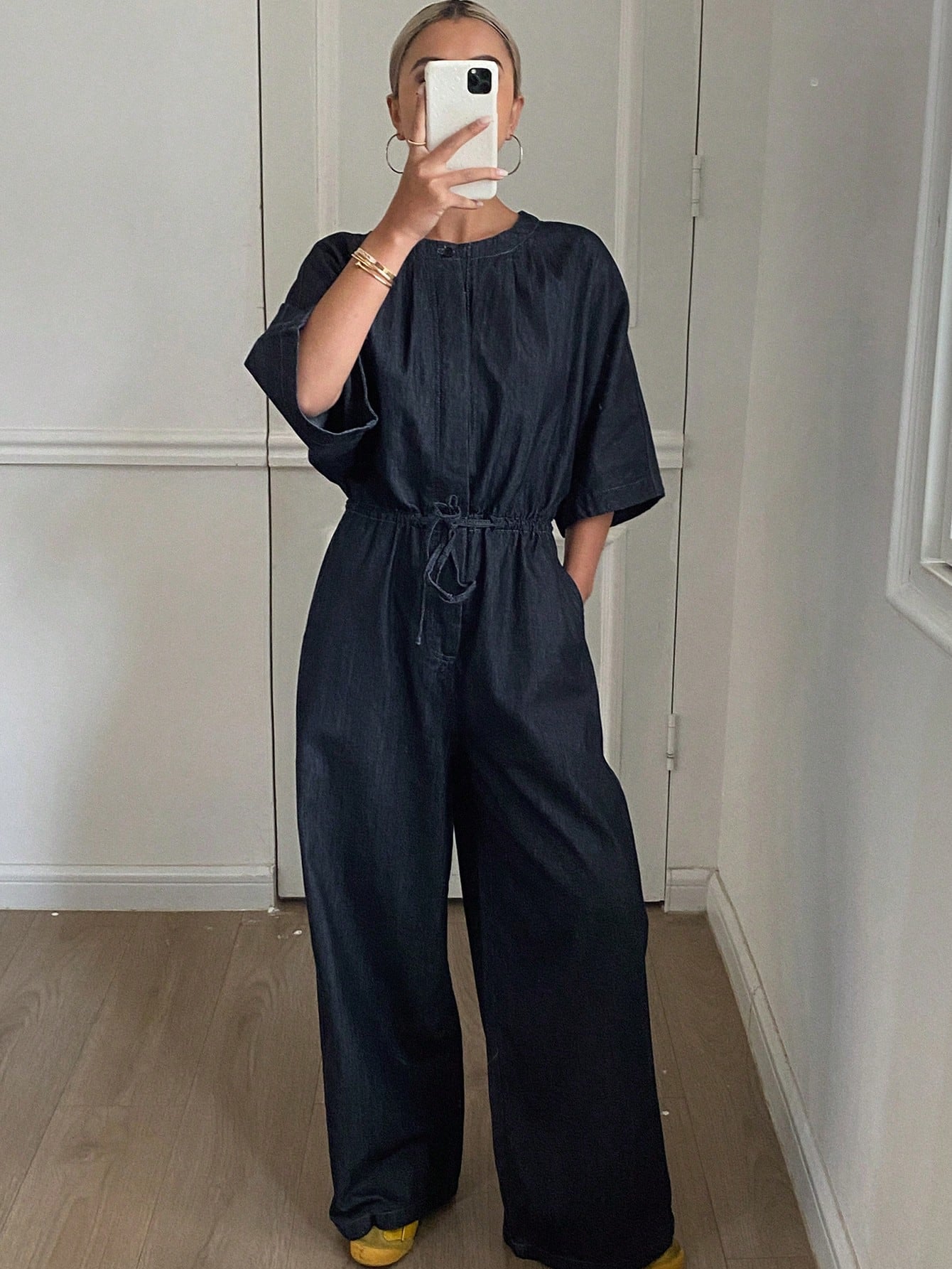 CM-JS257123 Women Casual Seoul Style Dark Wash Round Neck Batwing Sleeve Denim Jumpsuit