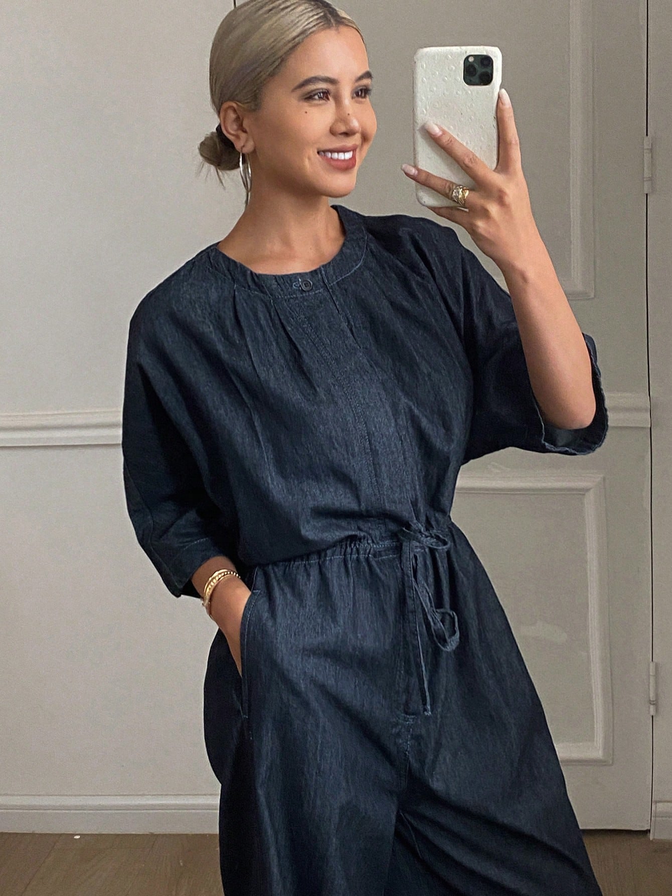CM-JS257123 Women Casual Seoul Style Dark Wash Round Neck Batwing Sleeve Denim Jumpsuit