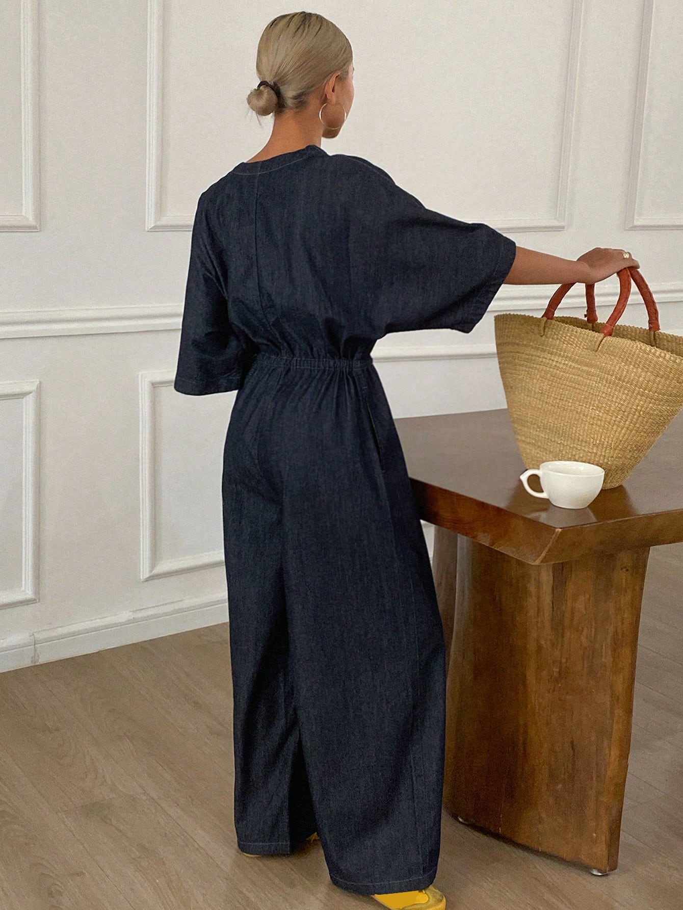 CM-JS257123 Women Casual Seoul Style Dark Wash Round Neck Batwing Sleeve Denim Jumpsuit