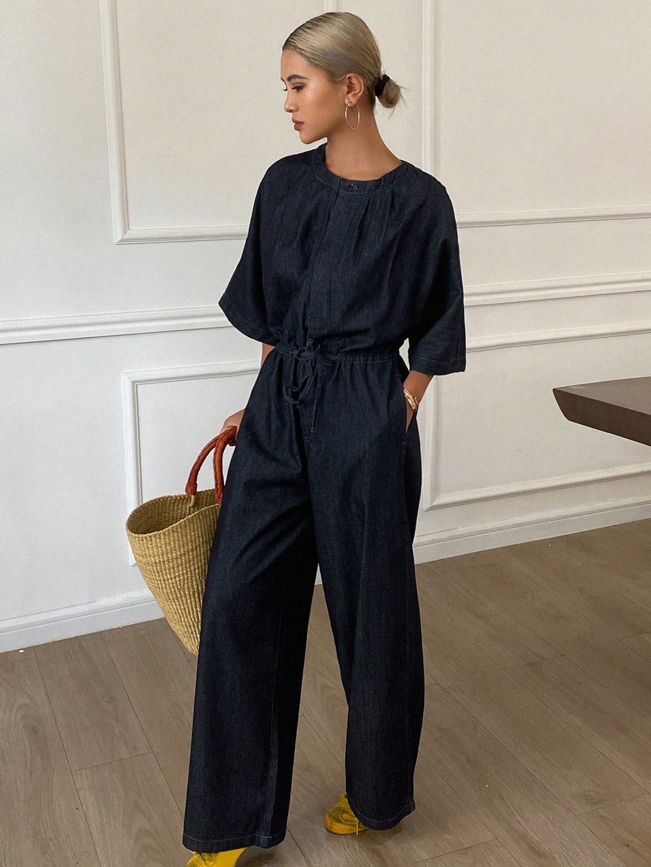CM-JS257123 Women Casual Seoul Style Dark Wash Round Neck Batwing Sleeve Denim Jumpsuit