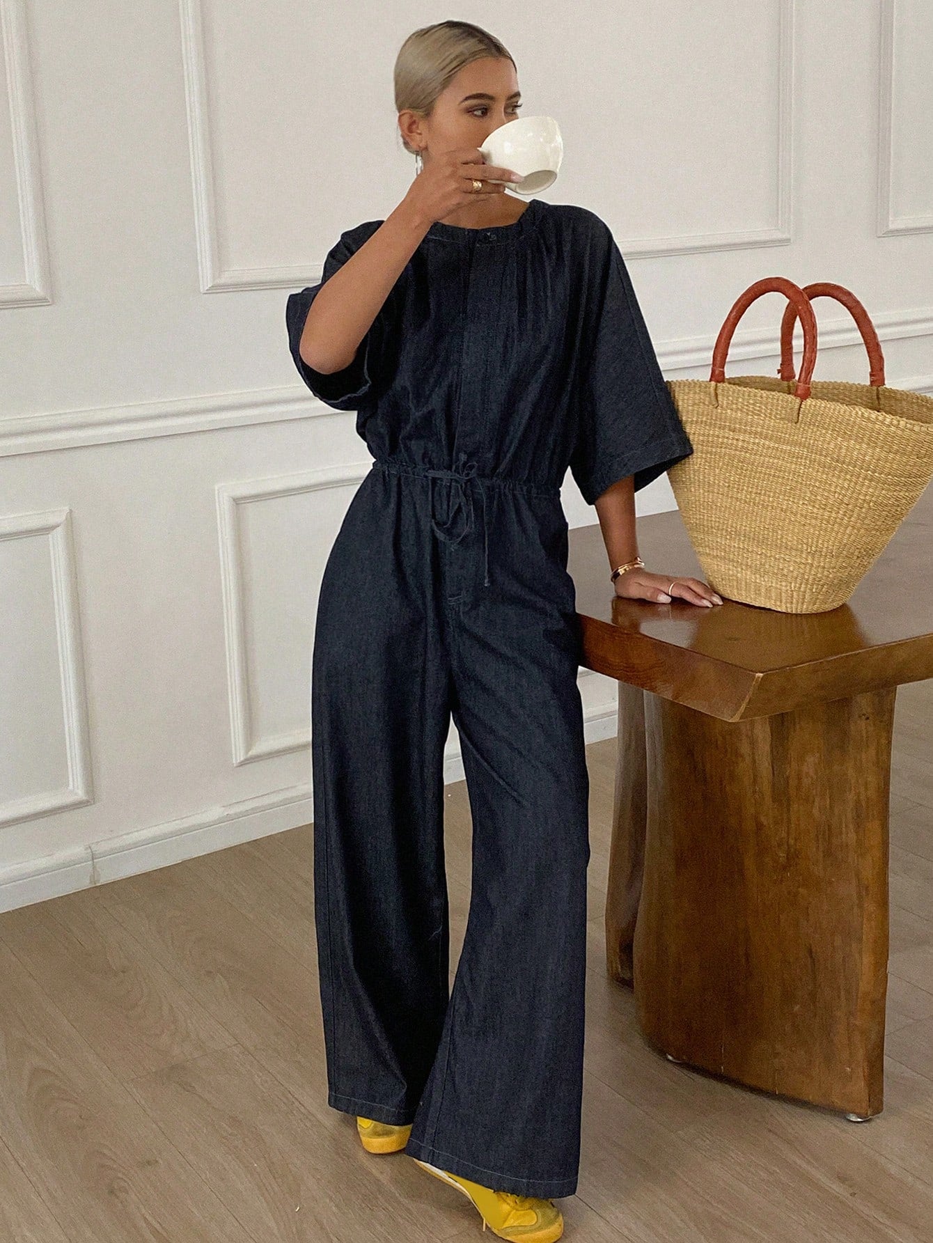 CM-JS257123 Women Casual Seoul Style Dark Wash Round Neck Batwing Sleeve Denim Jumpsuit