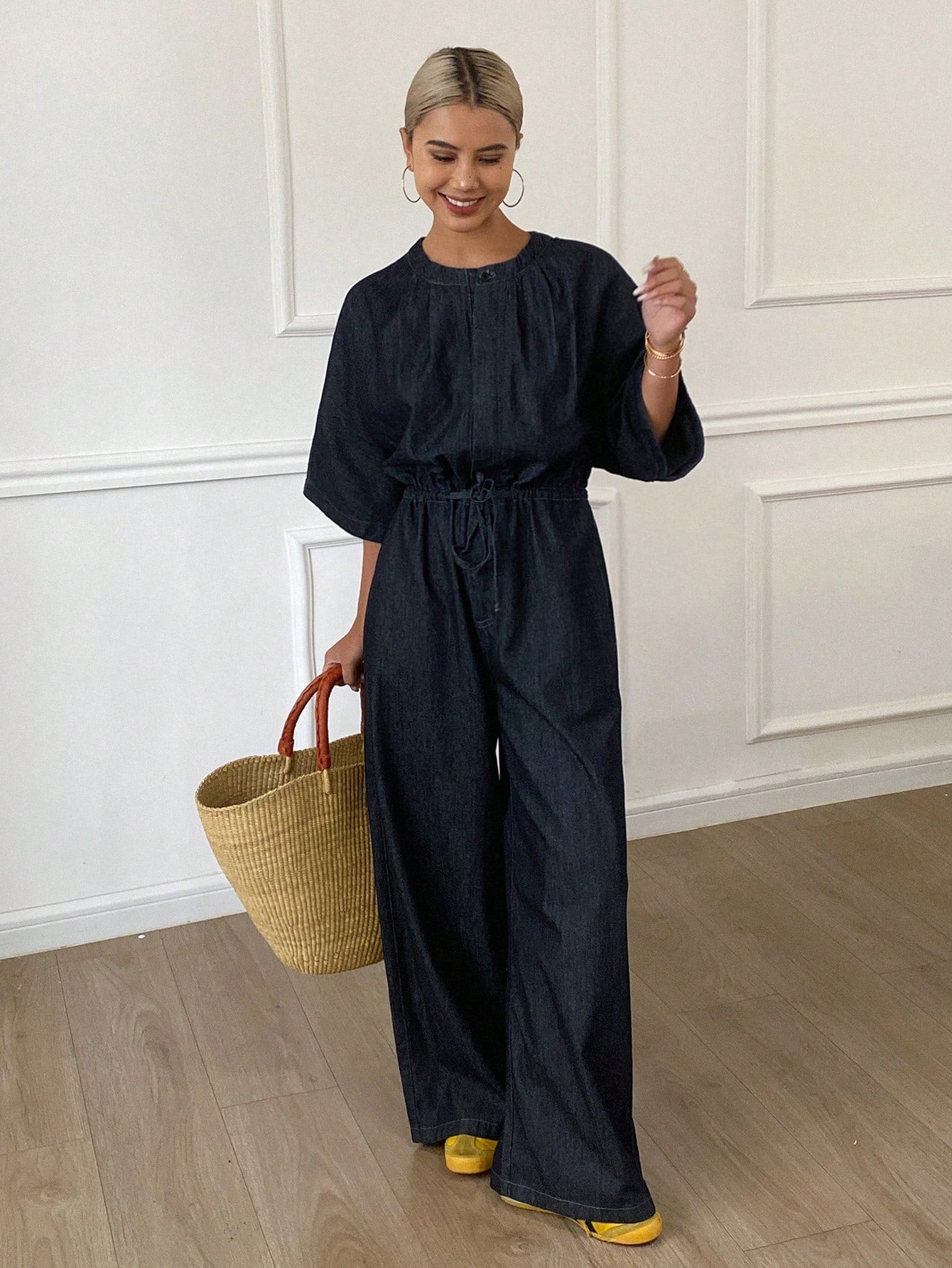 CM-JS257123 Women Casual Seoul Style Dark Wash Round Neck Batwing Sleeve Denim Jumpsuit