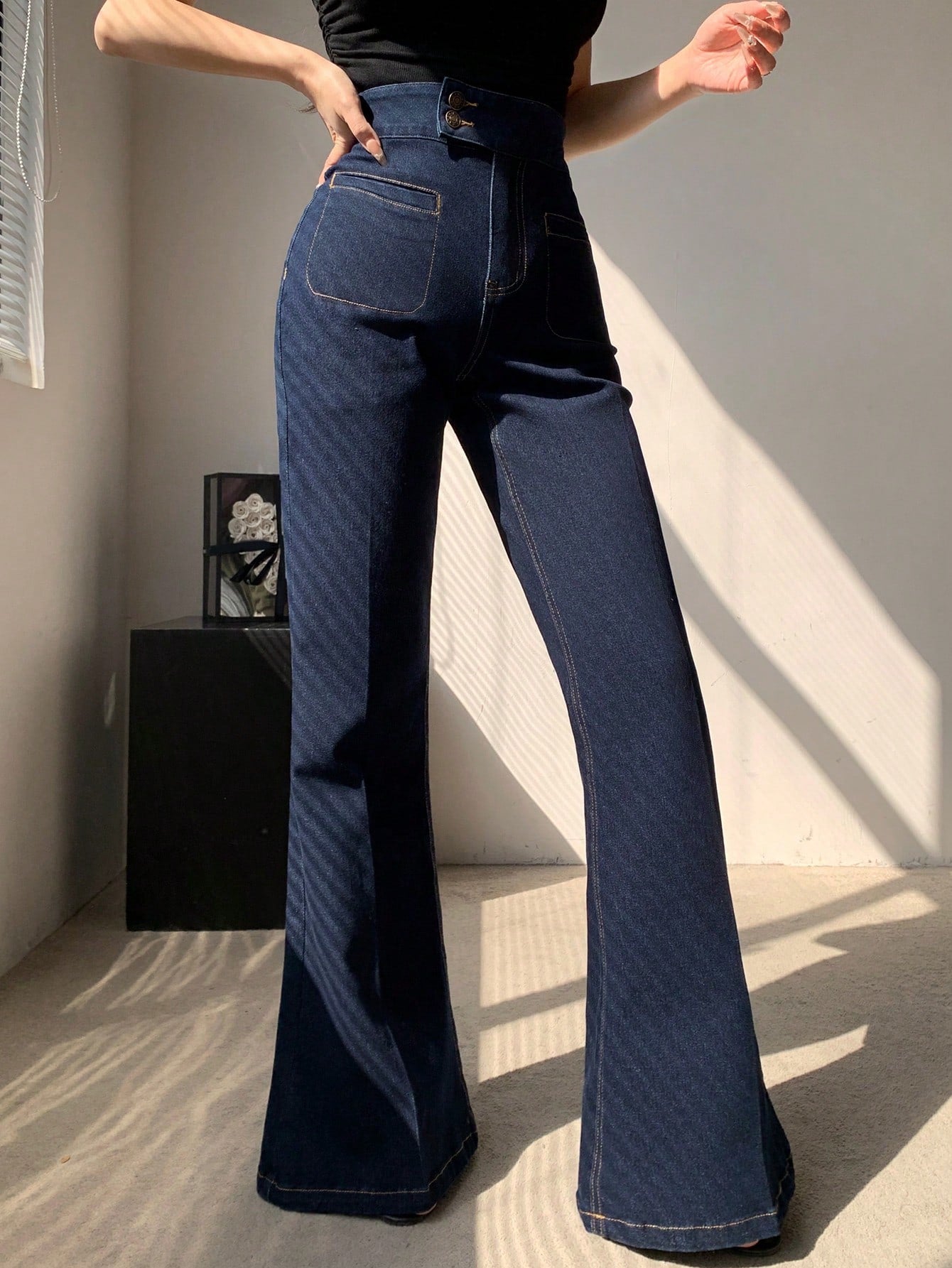 CM-BS597568 Women Casual Seoul Style Low Waist Skinny Flared Leg Jeans - Blue