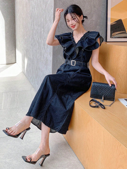 CM-DS414421 Women Casual Seoul Style V-Neck Flounce Sleeve Ruffle Maxi Denim Dress - Blue