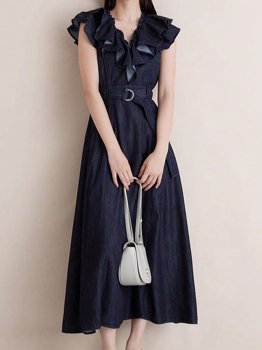 CM-DS414421 Women Casual Seoul Style V-Neck Flounce Sleeve Belted High Waist Denim Dress - Blue